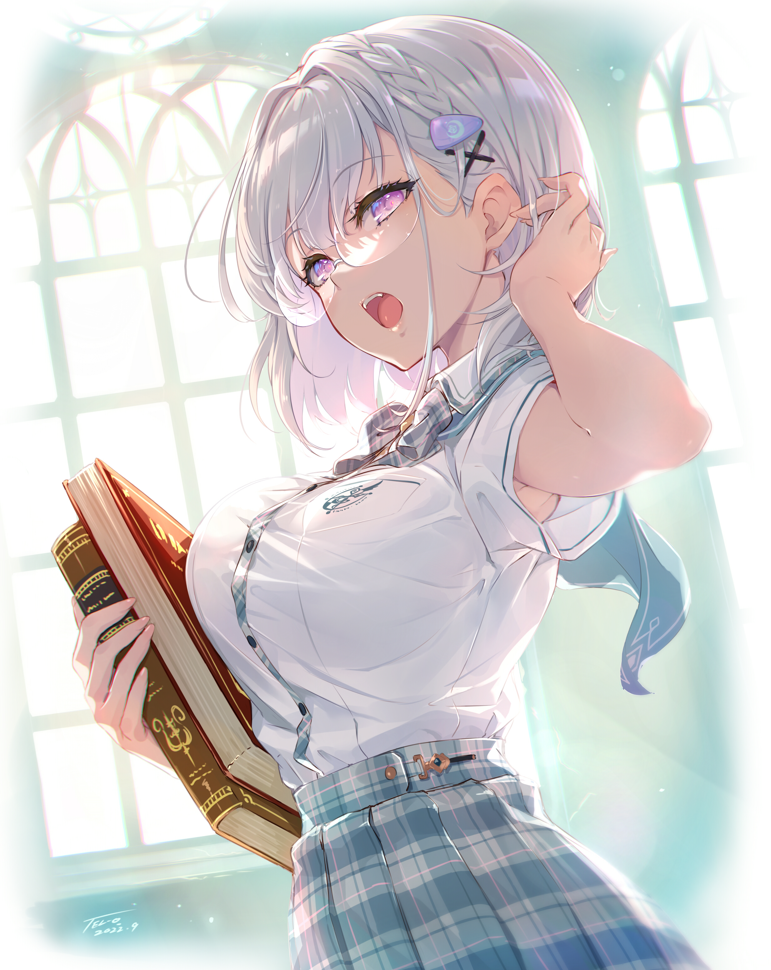 Anime 2464x3100 Tel-O short hair anime girls purple eyes white hair books school uniform schoolgirl glasses open mouth white shirt one arm up