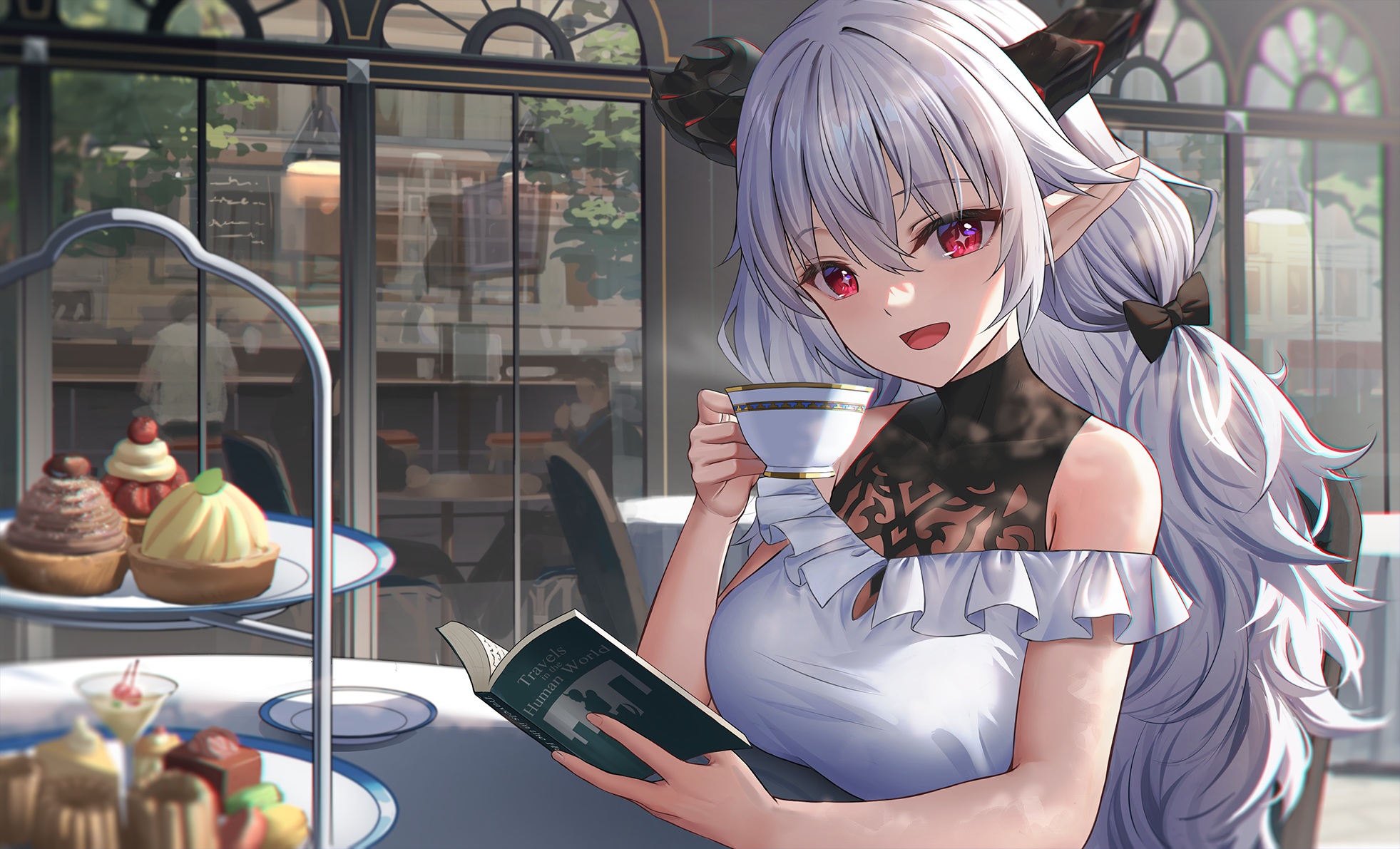 Anime 1963x1191 anime anime girls red eyes horns long hair teapot open mouth happy pointy ears silver hair bare shoulders sweets cake books reading glasses window reflection cafe wavy hair artwork SioN (artist)