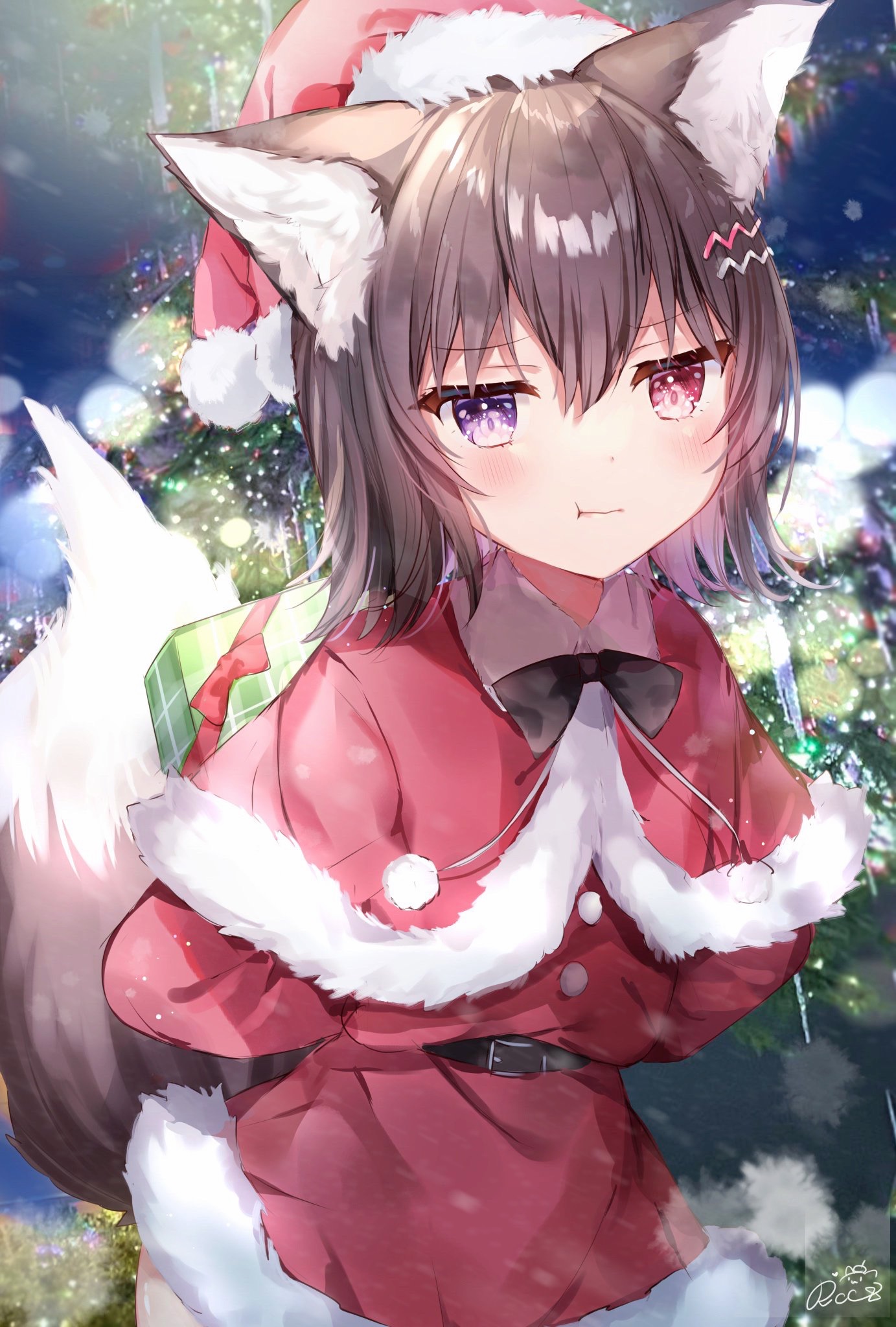 Anime 1383x2048 anime girls animal ears Christmas clothes Christmas tail brunette heterochromia pouting wolf girls artwork Rucaco