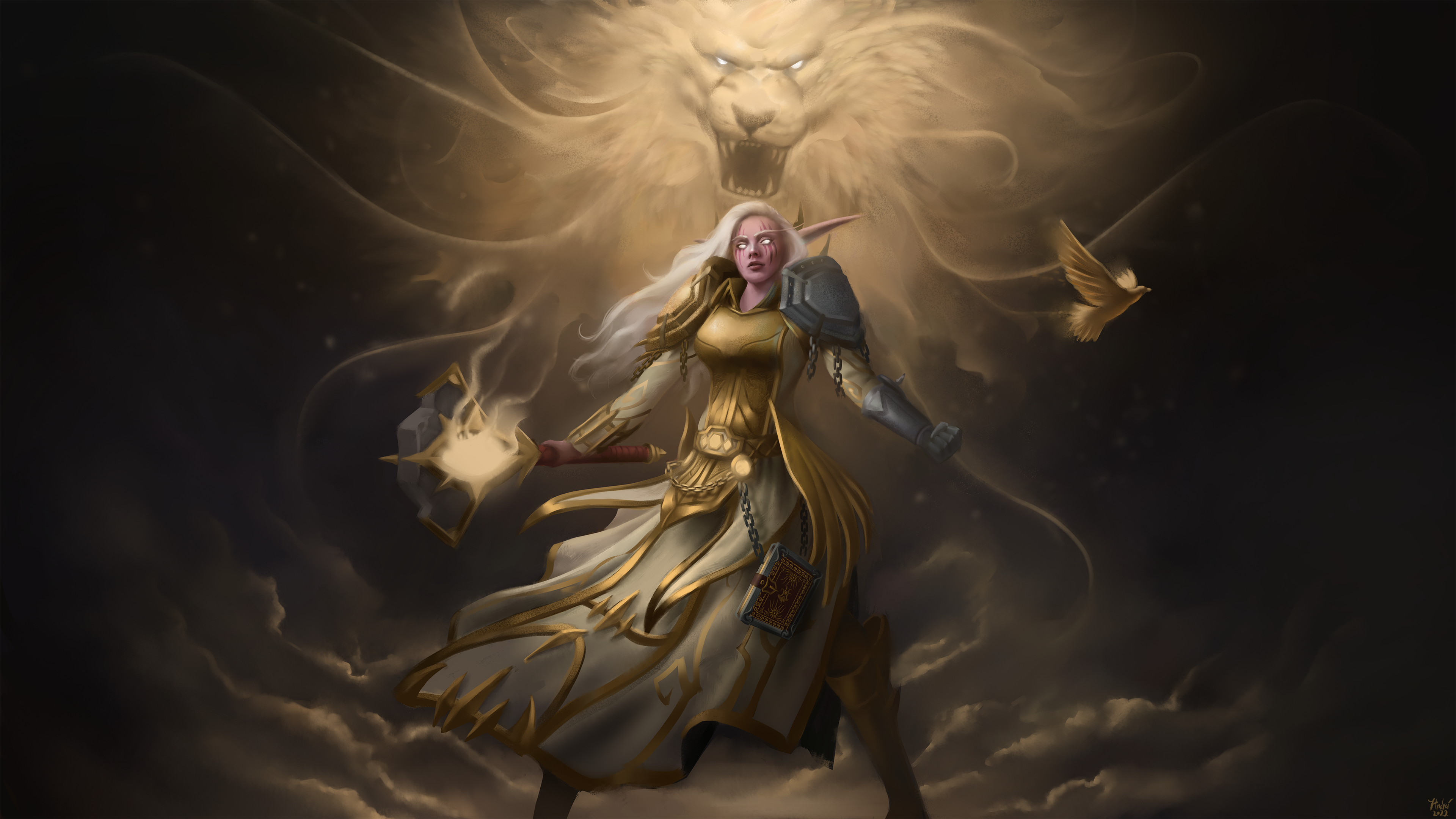 General 3840x2160 night elves priestess gold chains Warcraft Warcraft III World of Warcraft World of Warcraft: Classic armor lion elves smoke smoke background priest
