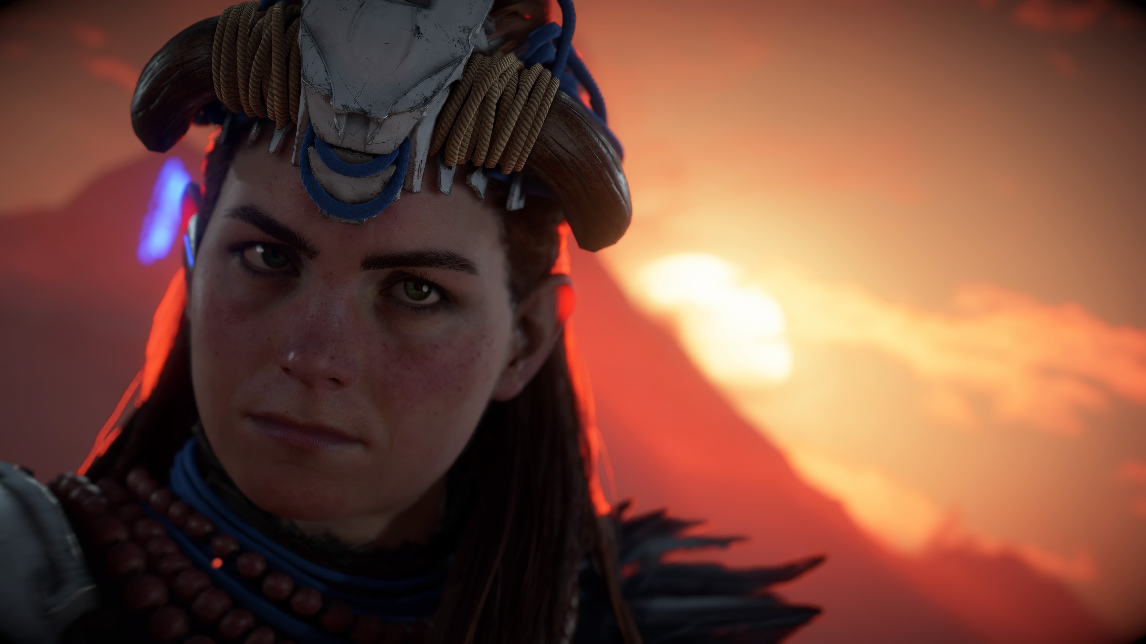 General 3840x2160 Aloy Horizon Forbidden West video games sunset portrait face orange clouds guerrilla games video game characters