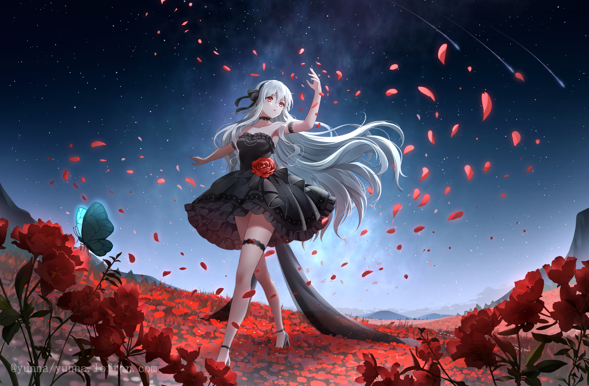 Anime 2000x1310 anime anime girls butterfly red flowers petals dress silver hair long hair red eyes