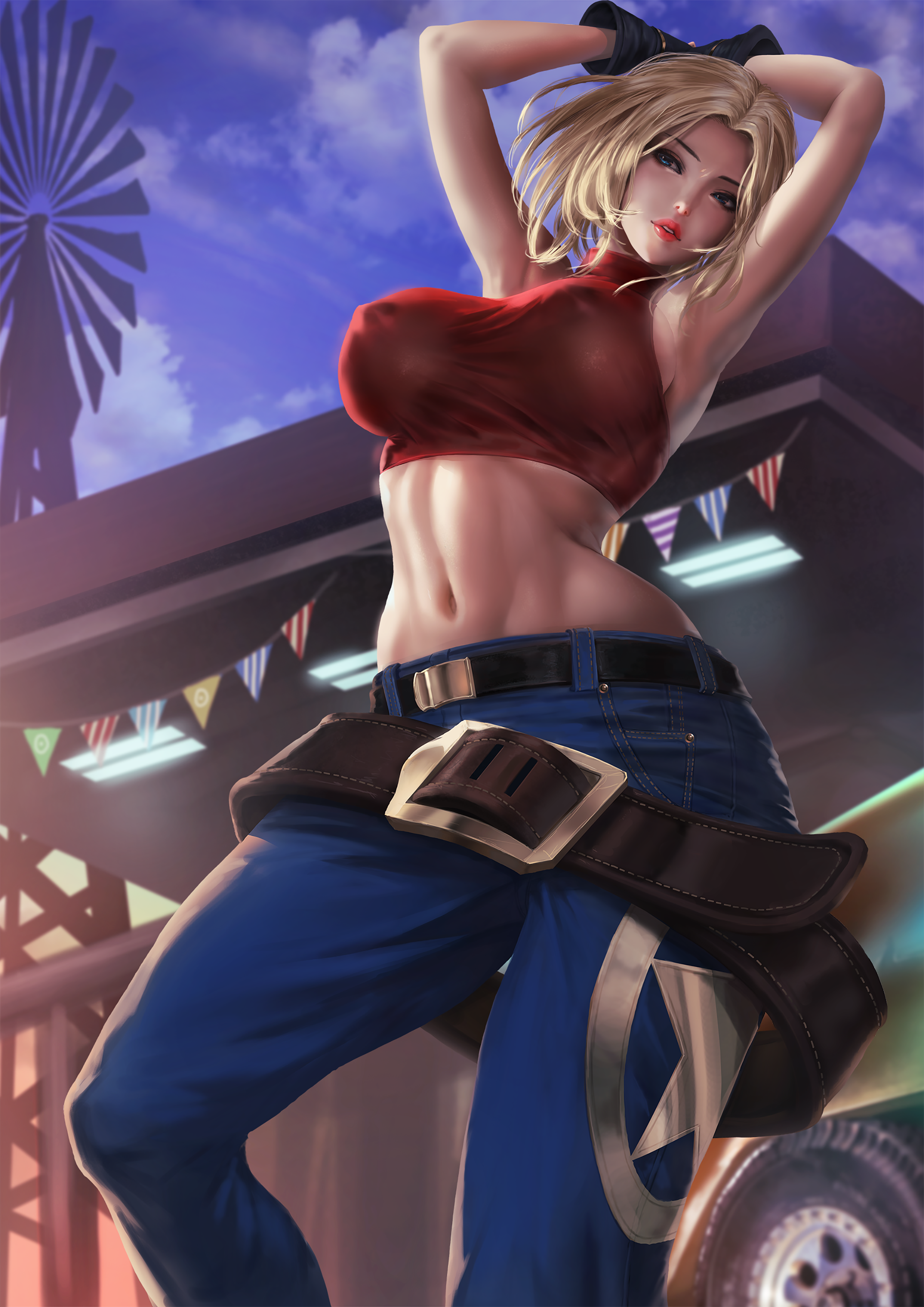 Anime 2400x3395 Lexaiduer illustration big boobs King of Fighters Blue Mary (King of Fighters) boobs nipples through clothing video games video game girls video game characters video game warriors belly curvy red lipstick arms up