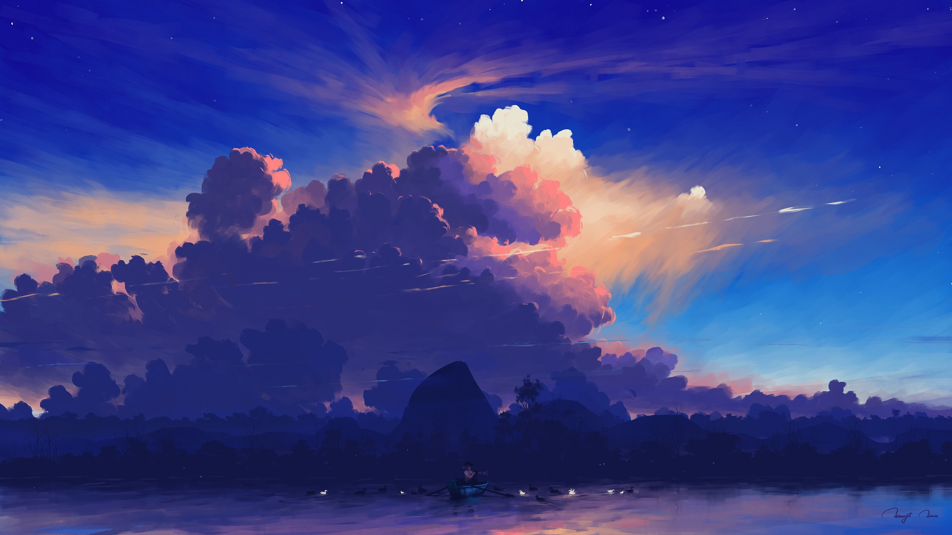 General 1920x1080 digital painting landscape sky clouds lake boat birds BisBiswas digital art watermarked