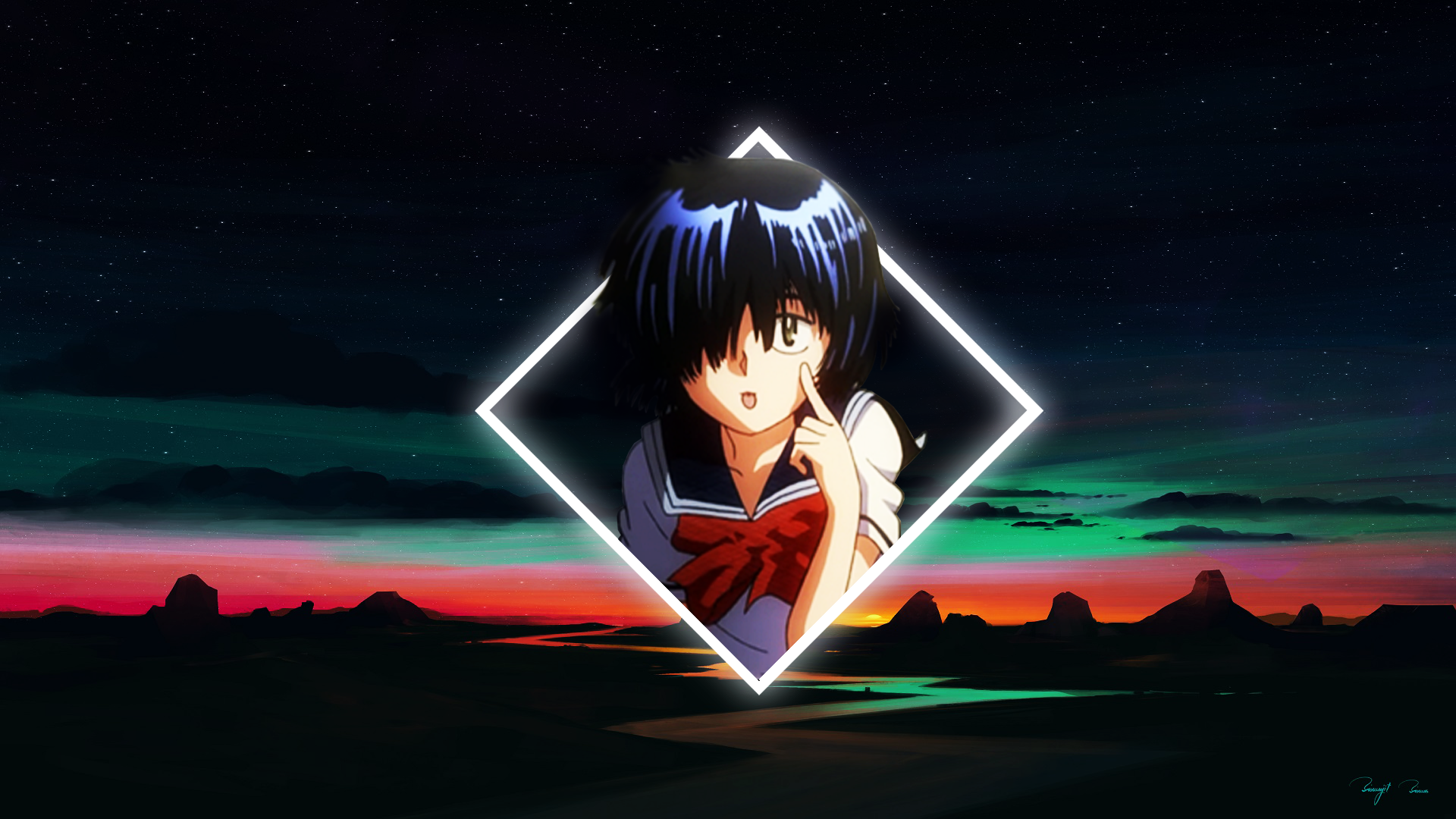 Anime 1920x1080 Urabe Mikoto landscape digital art dark night desert Mysterious Girlfriend X picture-in-picture