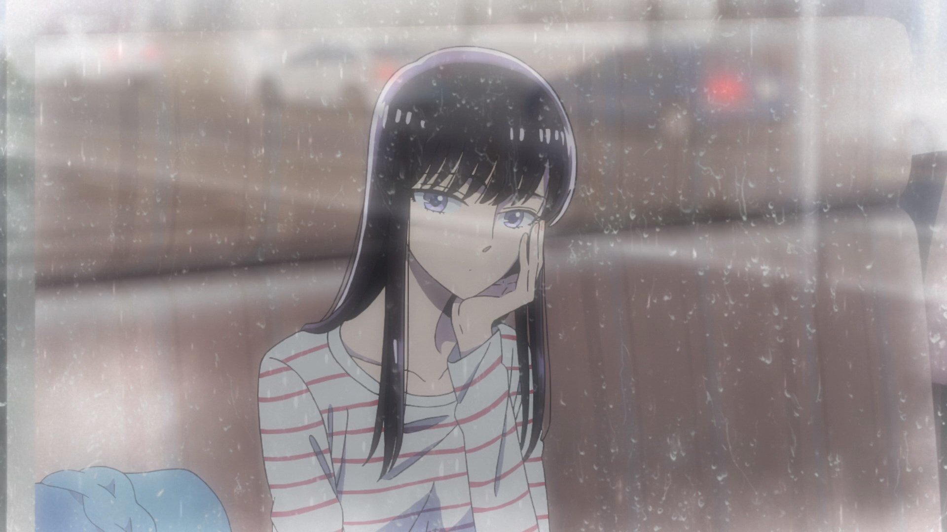 Anime 1920x1080 After the Rain anime sad alone dark hair purple eyes water on glass long hair women indoors looking out window