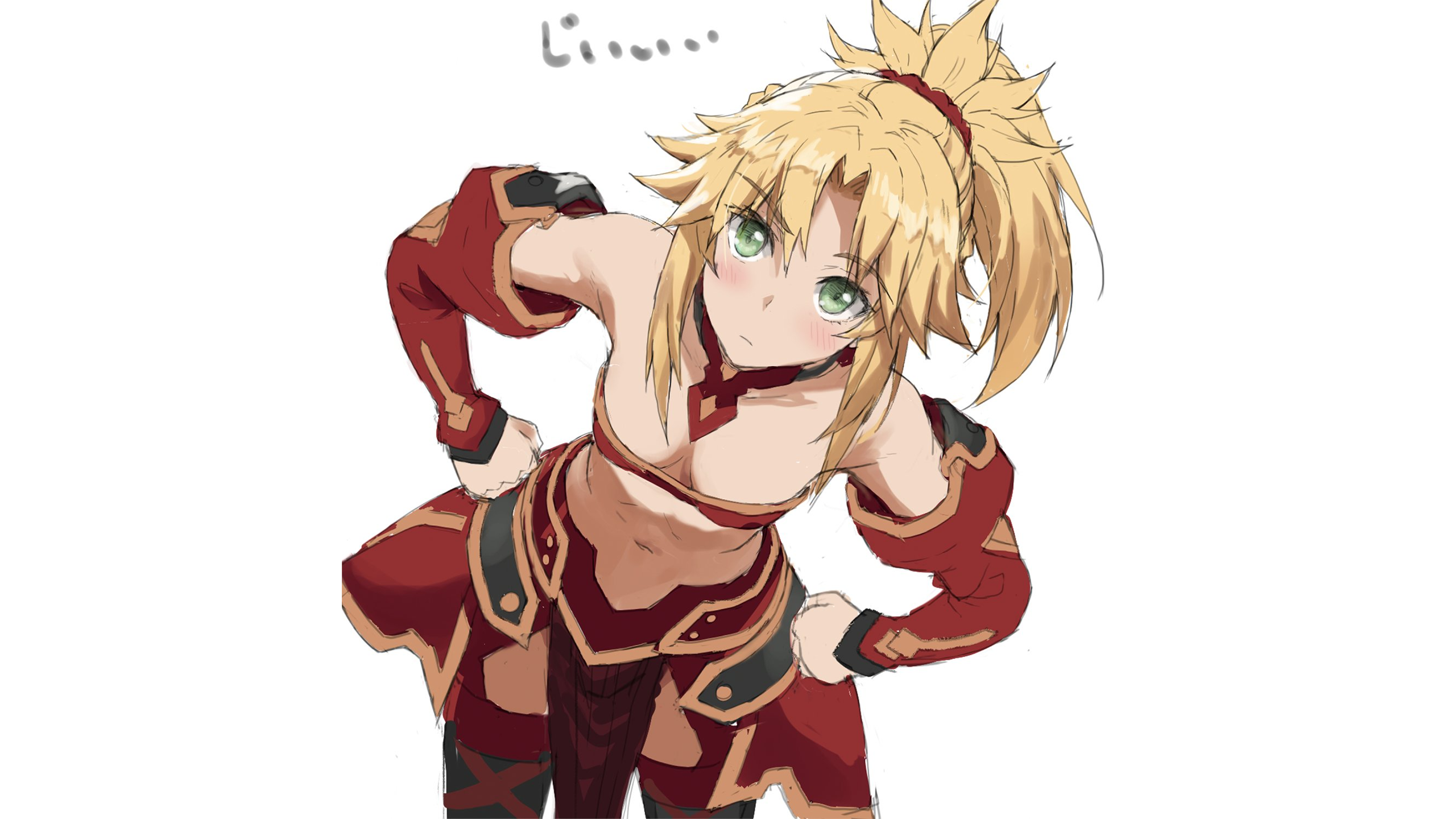 Anime 2560x1440 anime anime girls Fate series Fate/Apocrypha  Mordred (Fate/Apocrypha) blonde simple background small boobs belly belly button collarbone thighs thigh-highs ponytail stockings black legwear Tonee