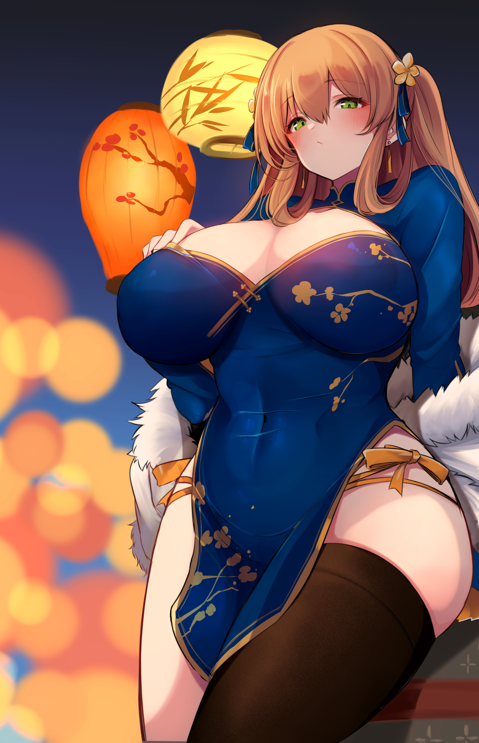 Anime 1546x2398 anime anime girls Springfield (Girls Frontline) Girls Frontline big boobs blonde green eyes thighs belly belly button huge breasts blushing twintails long hair stockings chinese dress