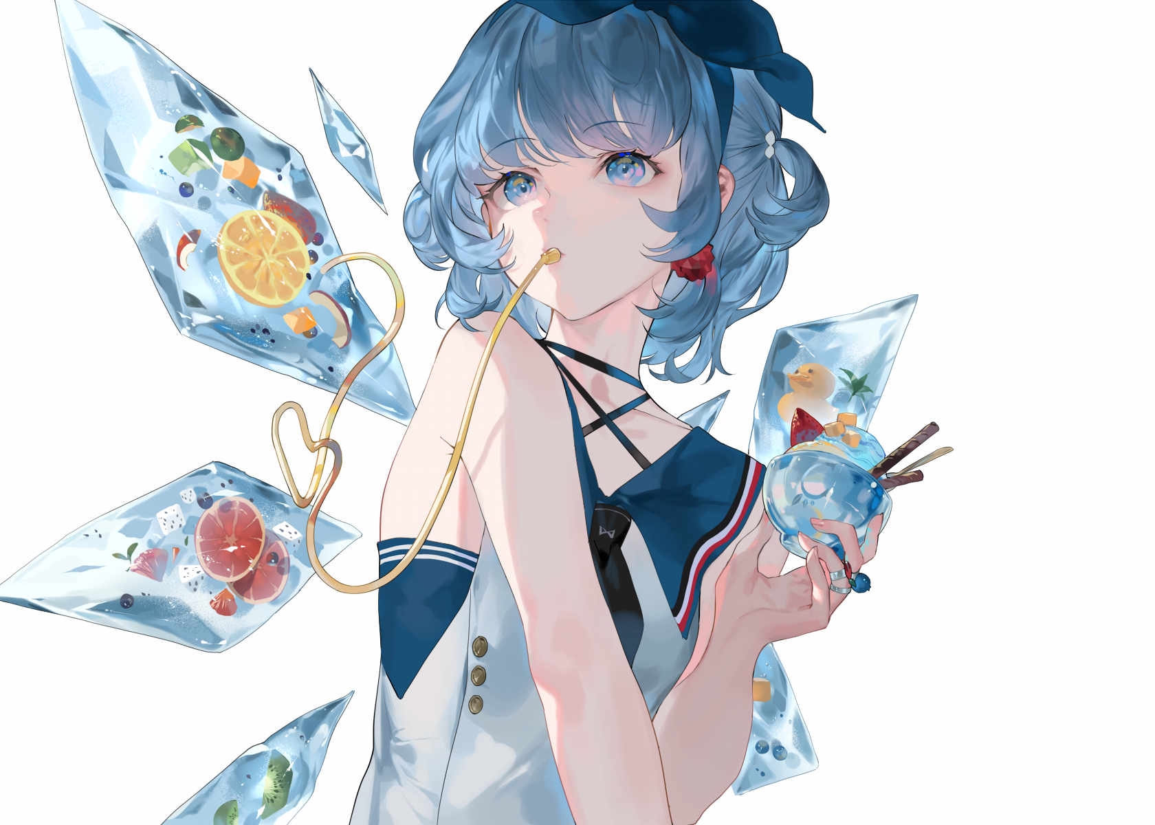 Anime 1680x1200 anime anime girls simple background Touhou Cirno lemons grapefruits rubber ducks blue hair REEH