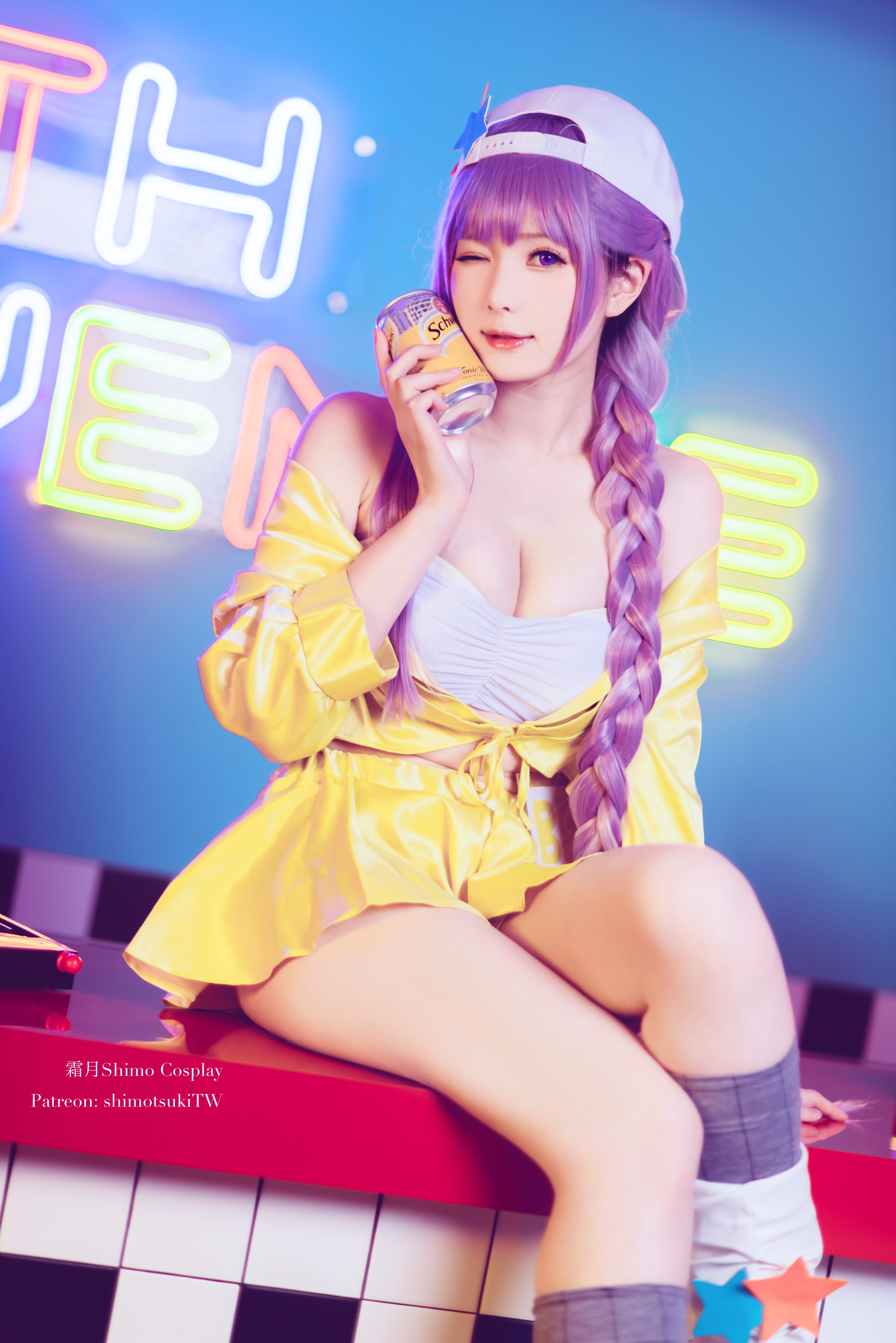 People 4912x7360 Shimo Cosplay women model Asian cosplay Fate/Grand Order braided hair baseball cap yellow clothing bare shoulders cleavage miniskirt sitting indoors women indoors BB (Fate/Extra CCC ) Fate series