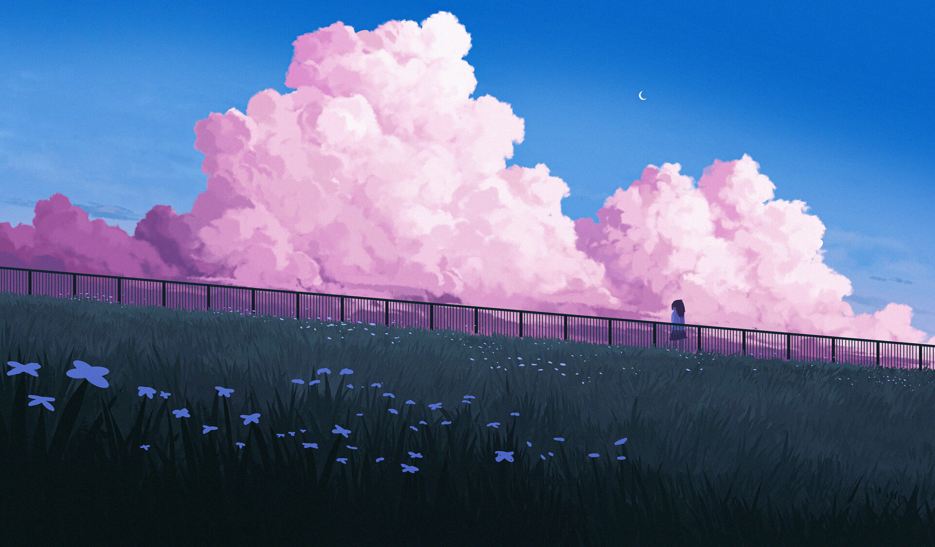 General 1920x1124 digital art clouds pink flowers alone Moon railing field