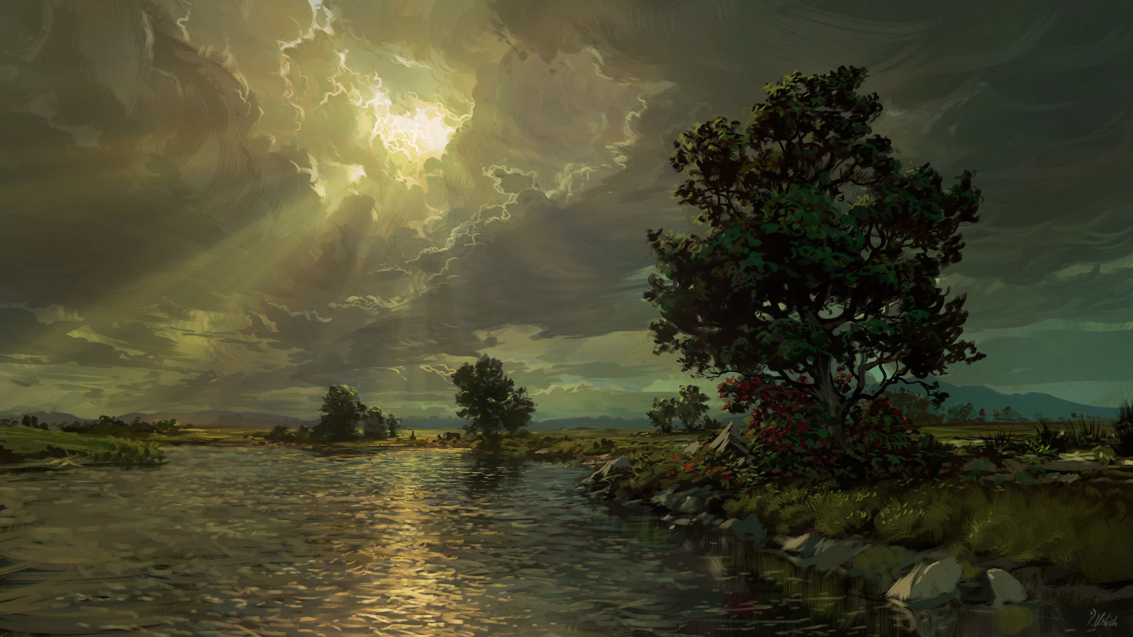 General 3840x2160 Philipp A Urlich digital art landscape clouds trees lake