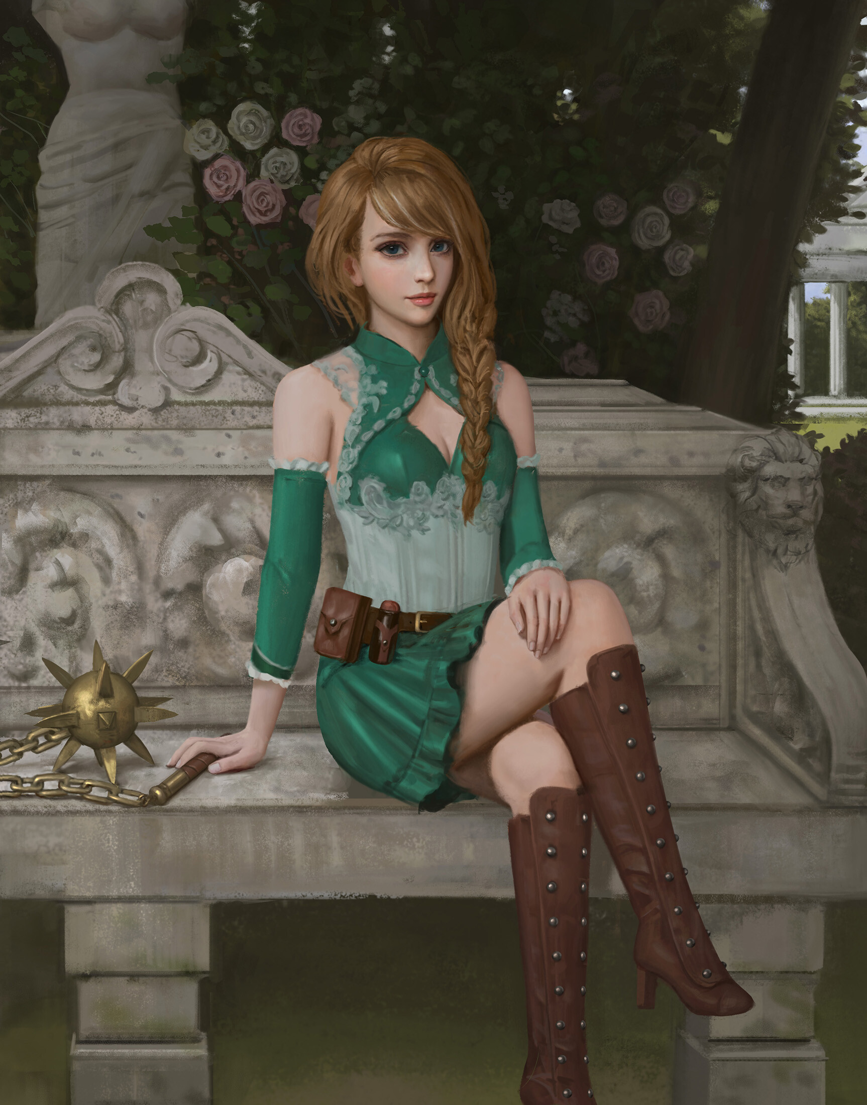 General 1726x2200 Chiral digital art artwork digital painting women green clothing boots Princess Anna on bench