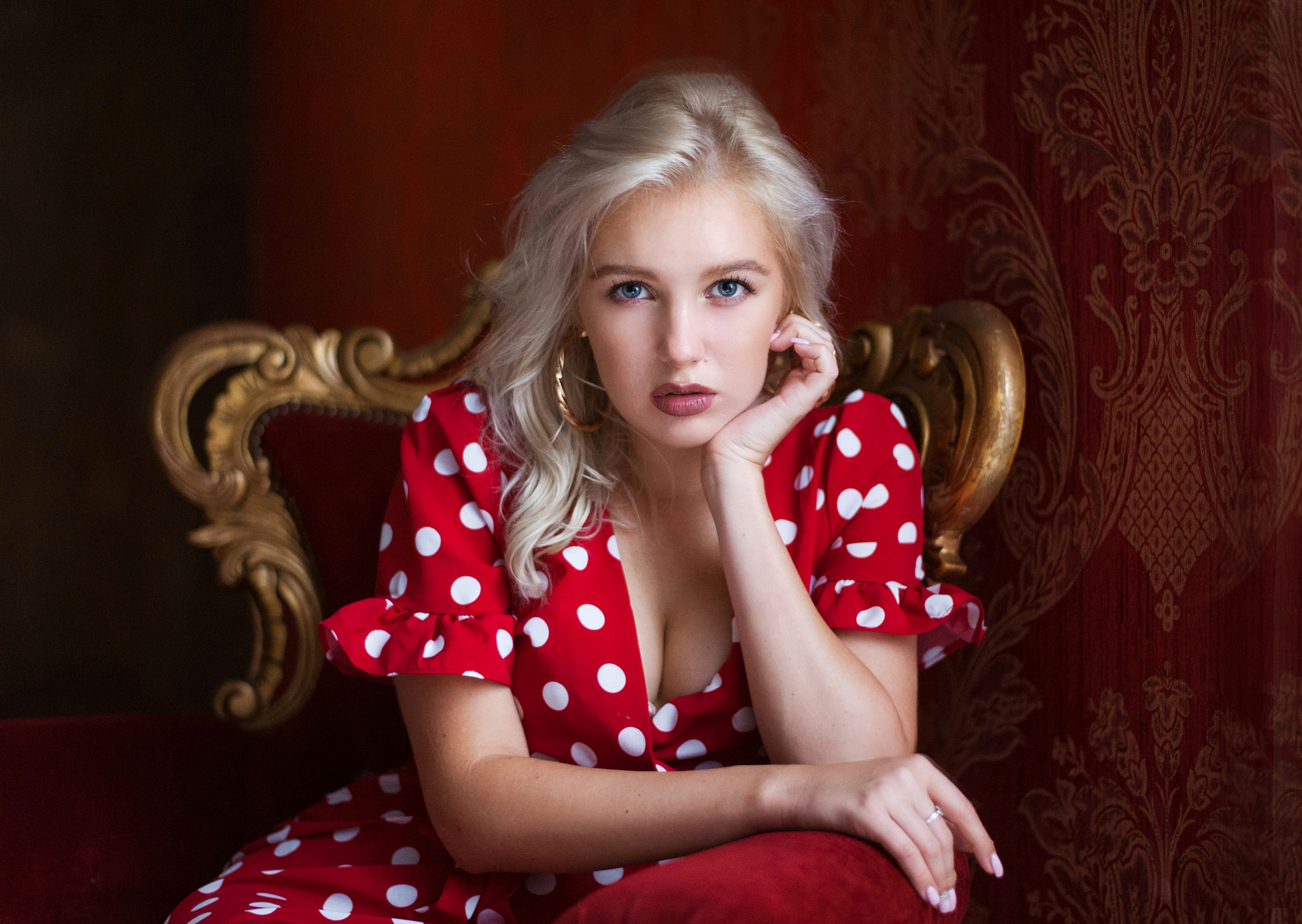 People 2048x1454 Christina Artemyeva women Maxim Maximov polka dots dress blue eyes sitting portrait pink nails cleavage