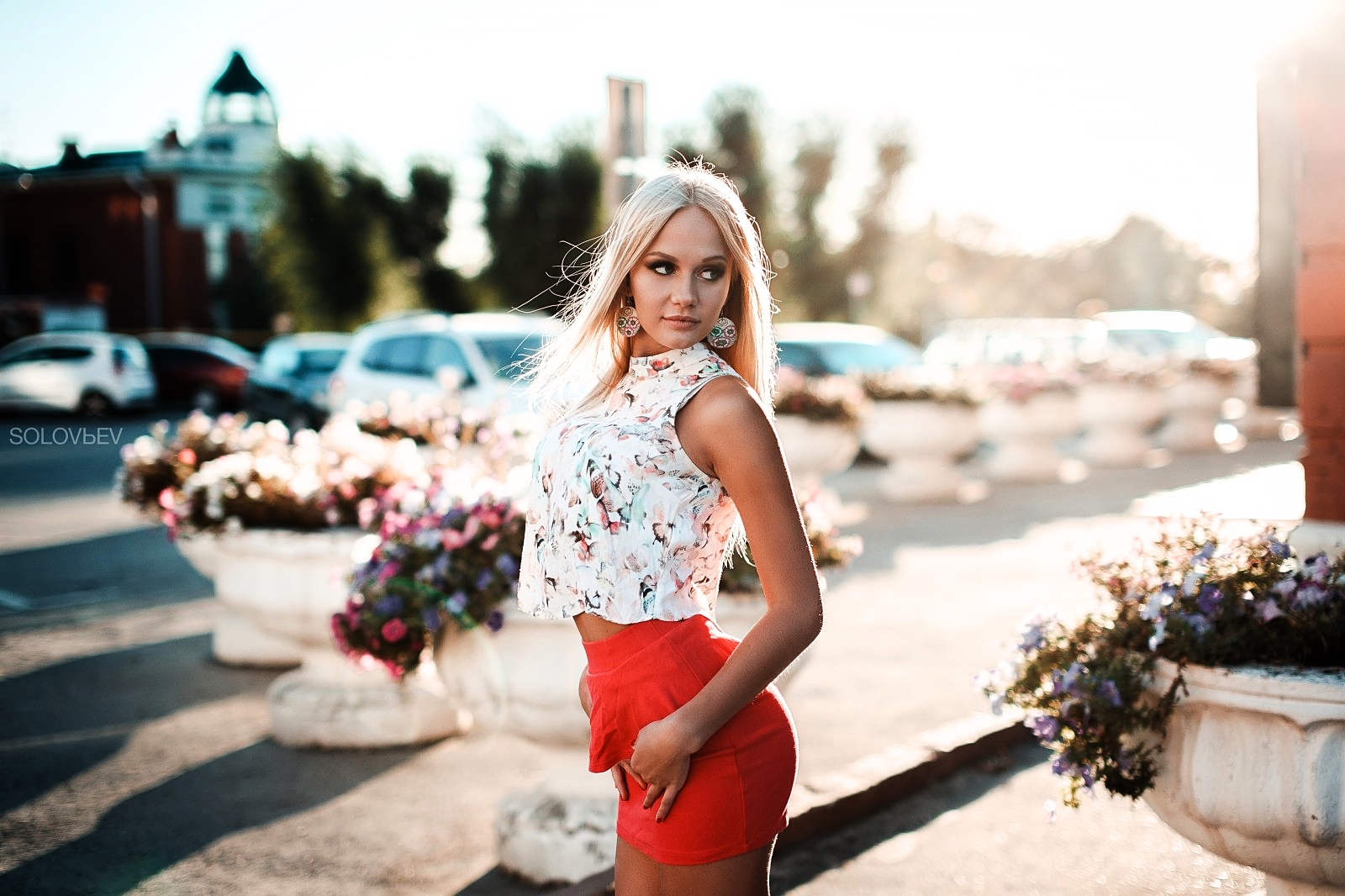People 1600x1066 model photography flowers women women outdoors outdoors car blue eyes Artem SolovЬev miniskirt blonde