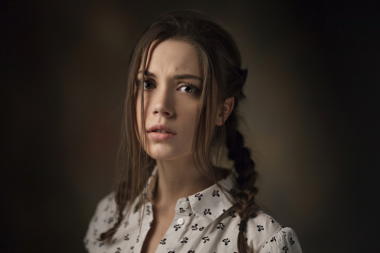 People 1280x853 Maxim Maximov women Ksenia Kokoreva brunette long hair braids twintails brown eyes frown looking at viewer open mouth shirt portrait simple background