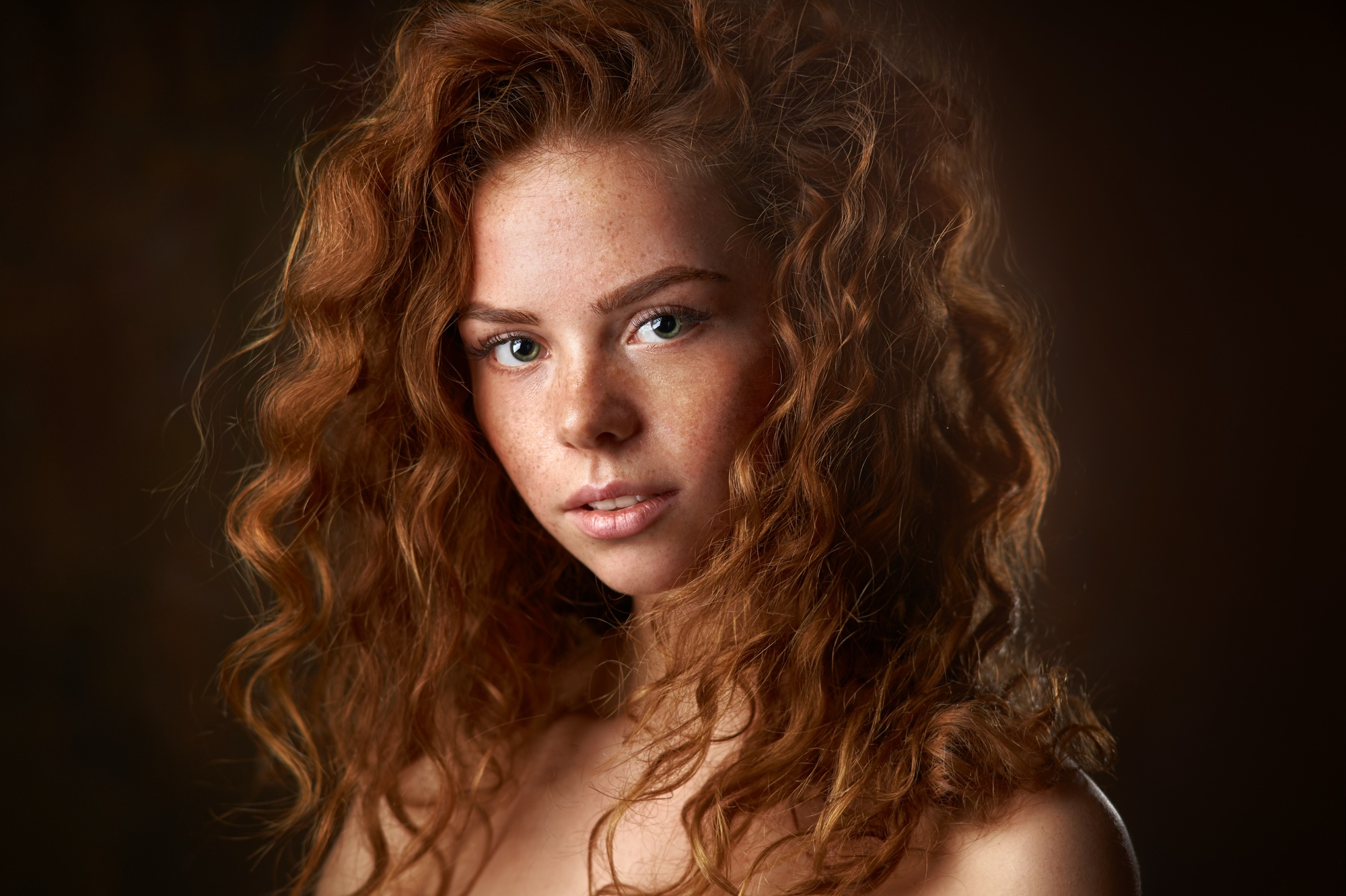 People 2000x1333 women model redhead long hair looking at viewer freckles face bare shoulders Alexander Vinogradov wavy hair depth of field Erica Postnikova