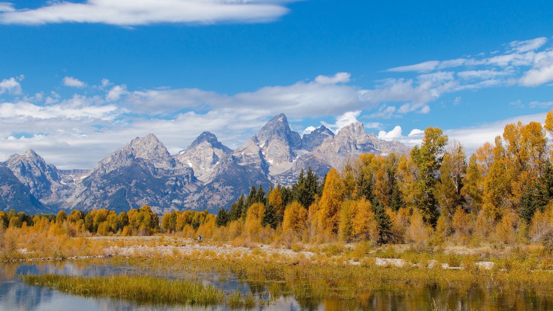 General 1920x1080 USA Grand Teton National Park Wyoming mountains forest rocks clouds sky trees fall plants river nature landscape photography