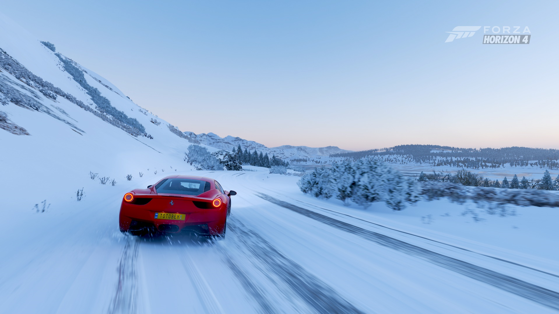 General 1918x1078 Forza Horizon 4 landscape video game landscape car Ferrari Ferrari 458 red red cars snow white drift video games