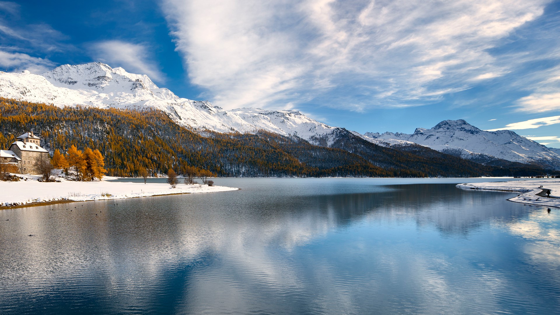 General 1920x1080 nature landscape water ripples snowy mountain clouds Alps Switzerland snowy peak mountains