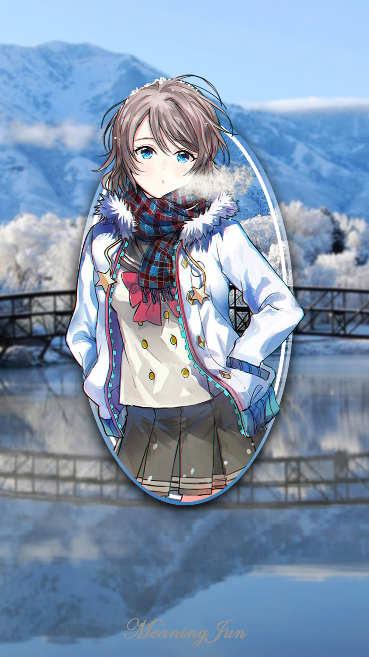 Anime 1215x2160 2D anime girls anime picture-in-picture Love Live! Sunshine Watanabe You Love Live! winter reflection bridge mountains river blue eyes