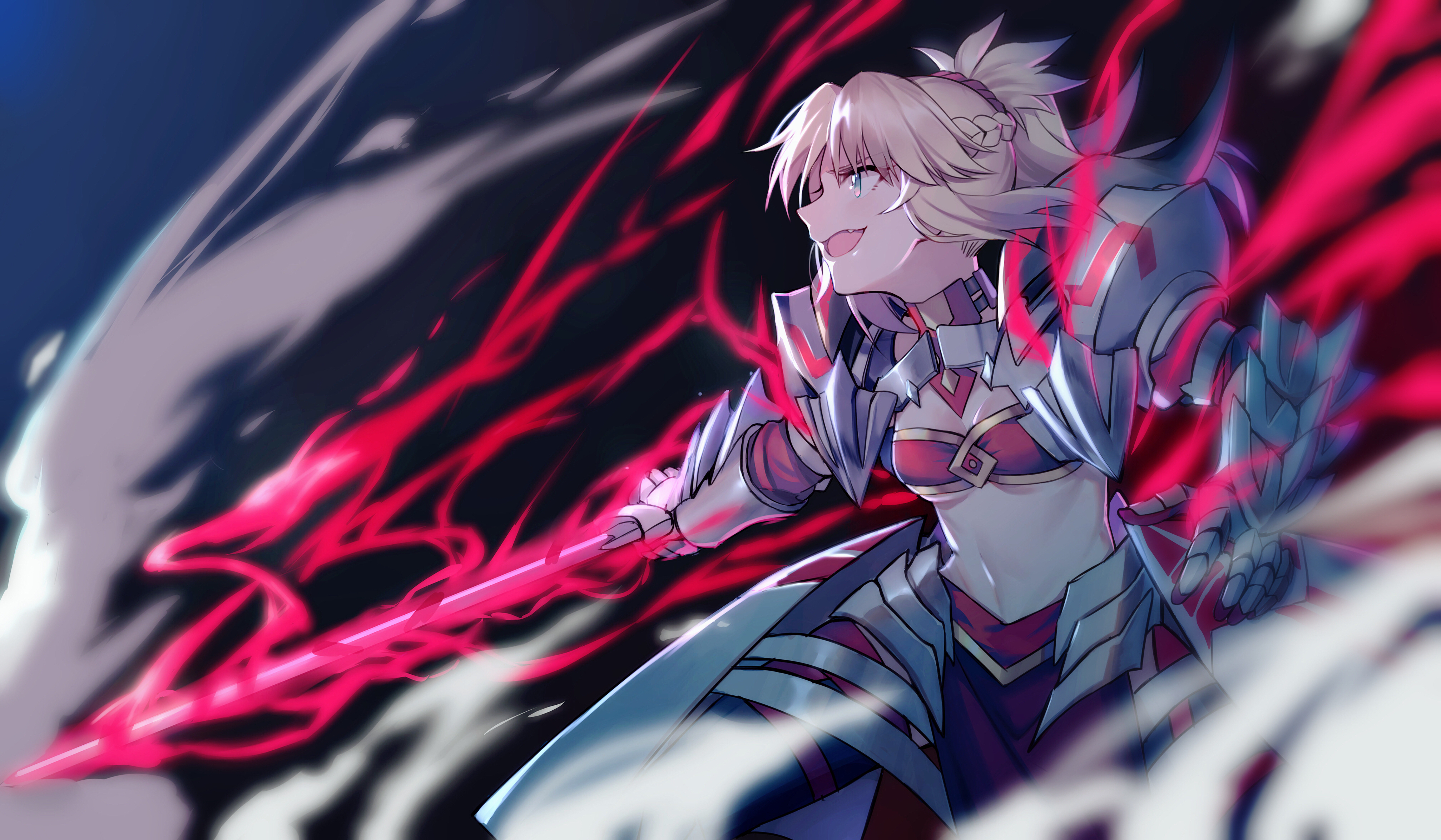 Anime 4032x2352 Fate series Fate/Grand Order Fate/Apocrypha  anime girls women with swords armor ponytail Mordred (Fate/Apocrypha) green eyes fan art 2D open mouth blonde