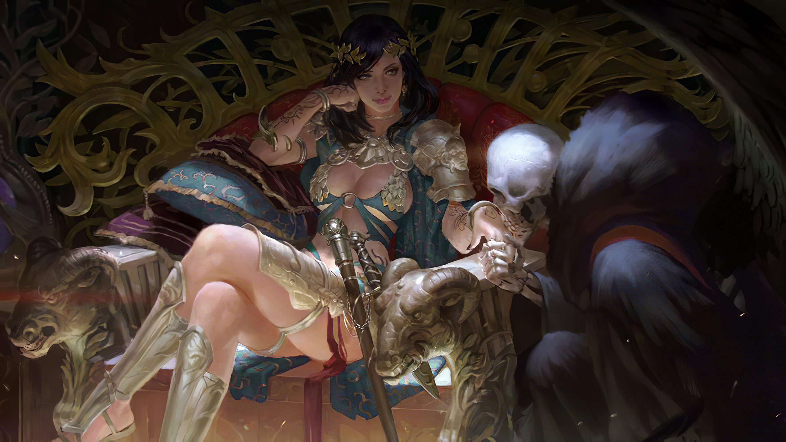 General 2560x1440 digital art fantasy art artwork painting throne fantasy armor skeleton women cleavage skull legs crossed armor Hentai Kuwa