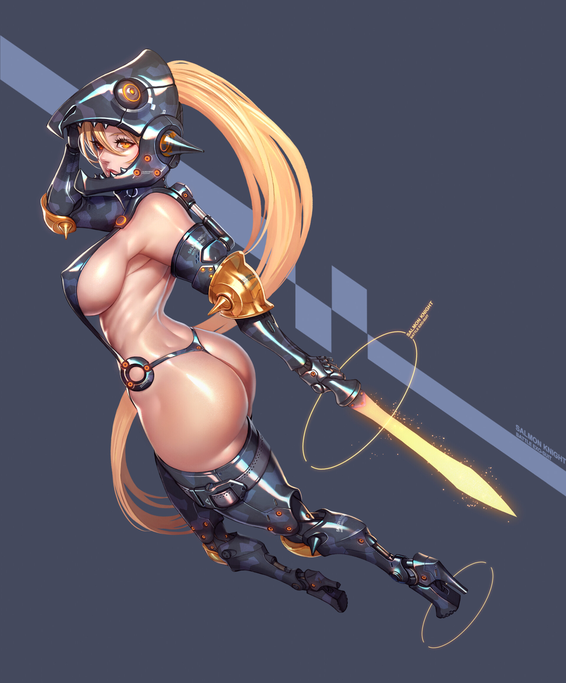 Anime 1920x2318 Ren Wei Pan women sword blue background prosthesis ass anime big boobs thick ass sideboob back bareback glutes blonde tight clothing wide hips thighs thick thigh cyborg skimpy clothes