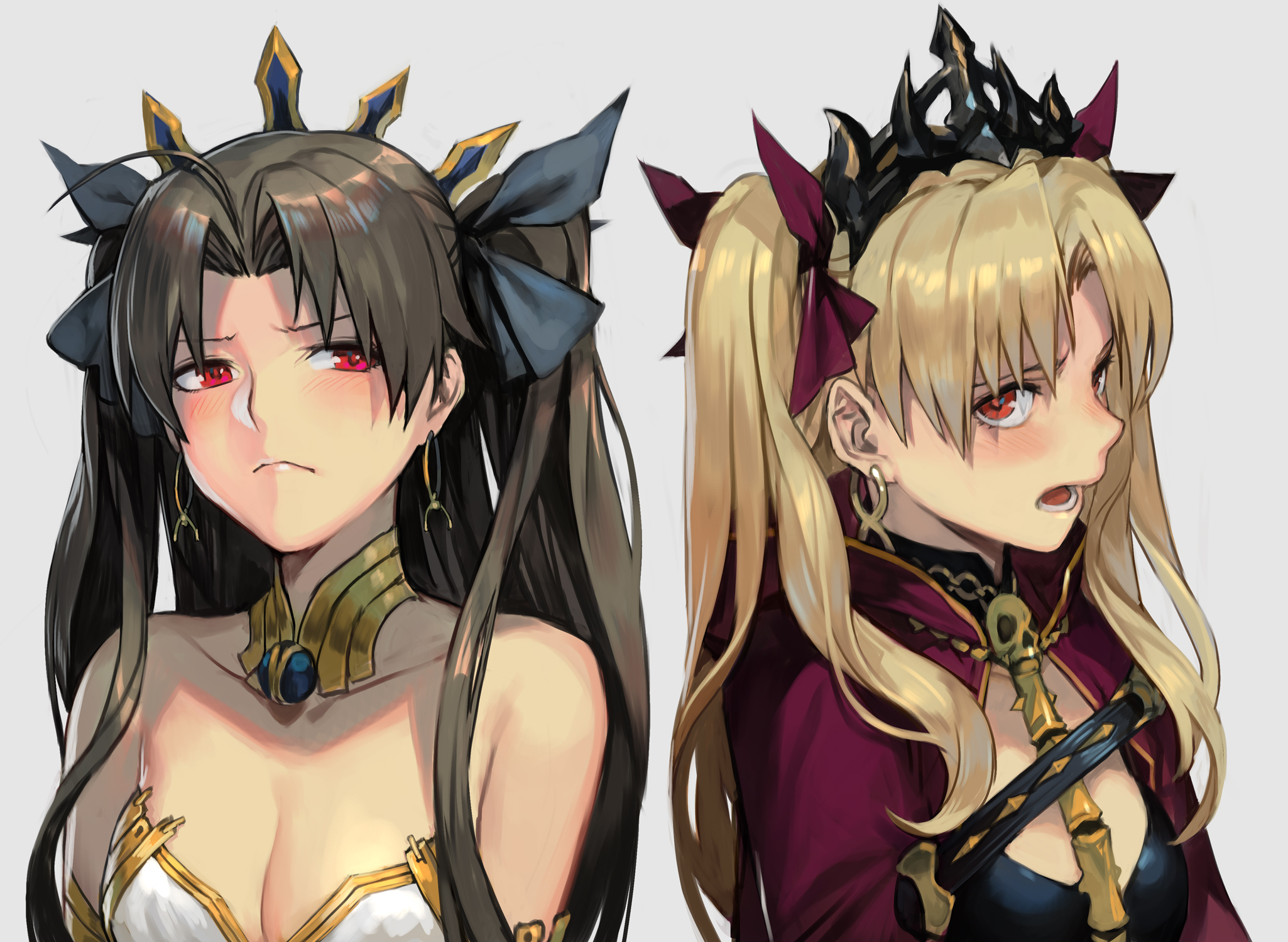 Anime 2050x1500 Fate series Fate/Grand Order anime girls long hair small boobs 2D open mouth twintails blushing black hair cleavage Ishtar (Fate/Grand Order) Ereshkigal (Fate/Grand Order) simple background fan art blonde red eyes