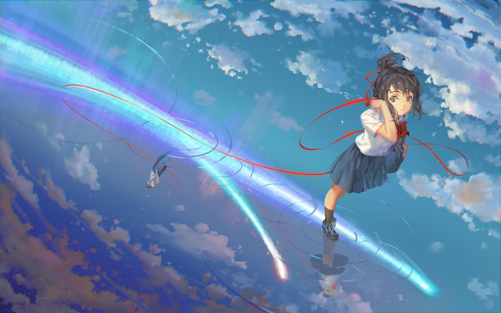 Anime 1600x1000 anime girls Kimi no Na Wa red ribbon school uniform sky Alphonse anime boys