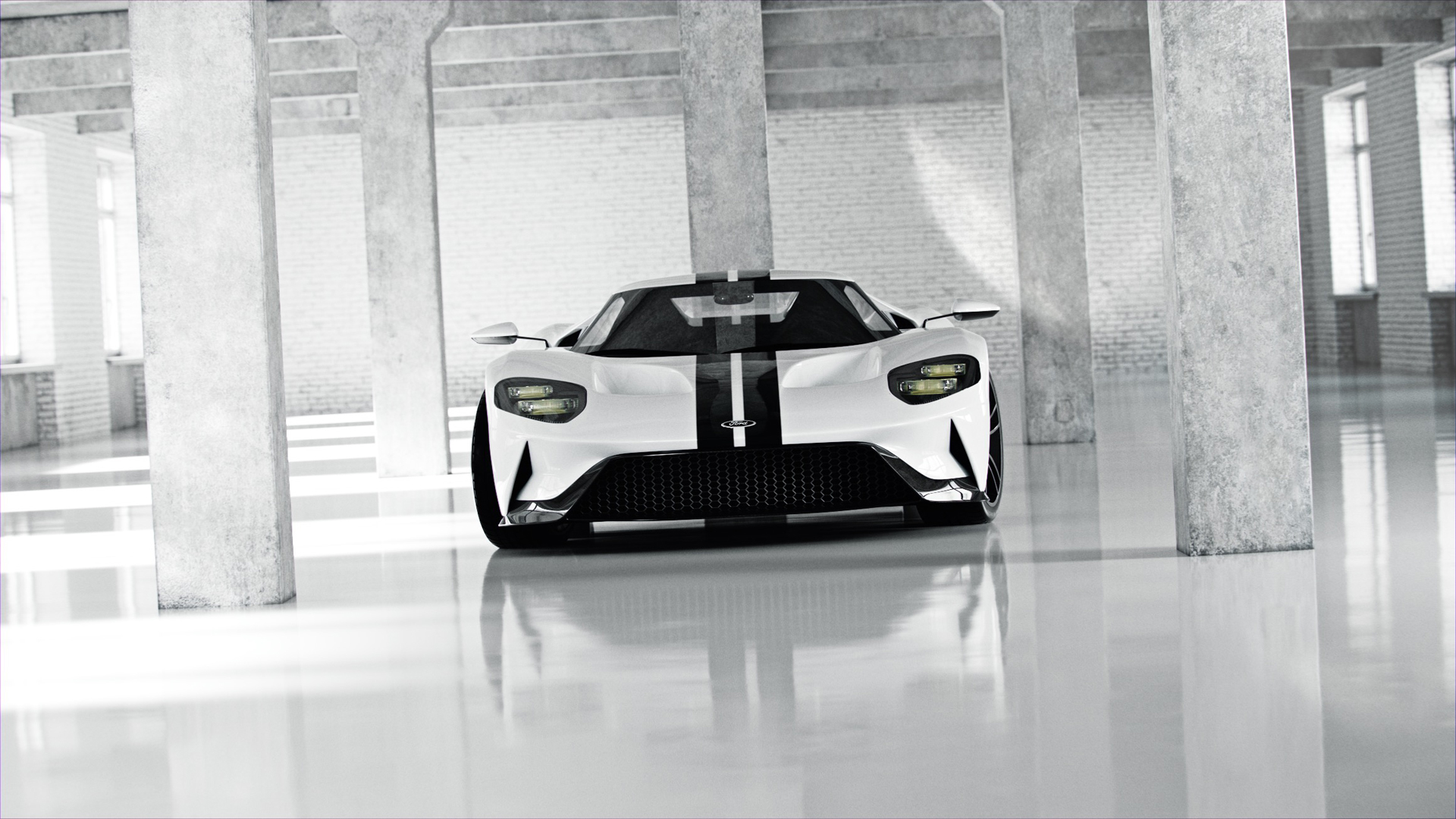 General 1920x1080 car photography vehicle supercars Ford GT Mk II Ford GT Ford white white cars indoors frontal view racing stripes American cars