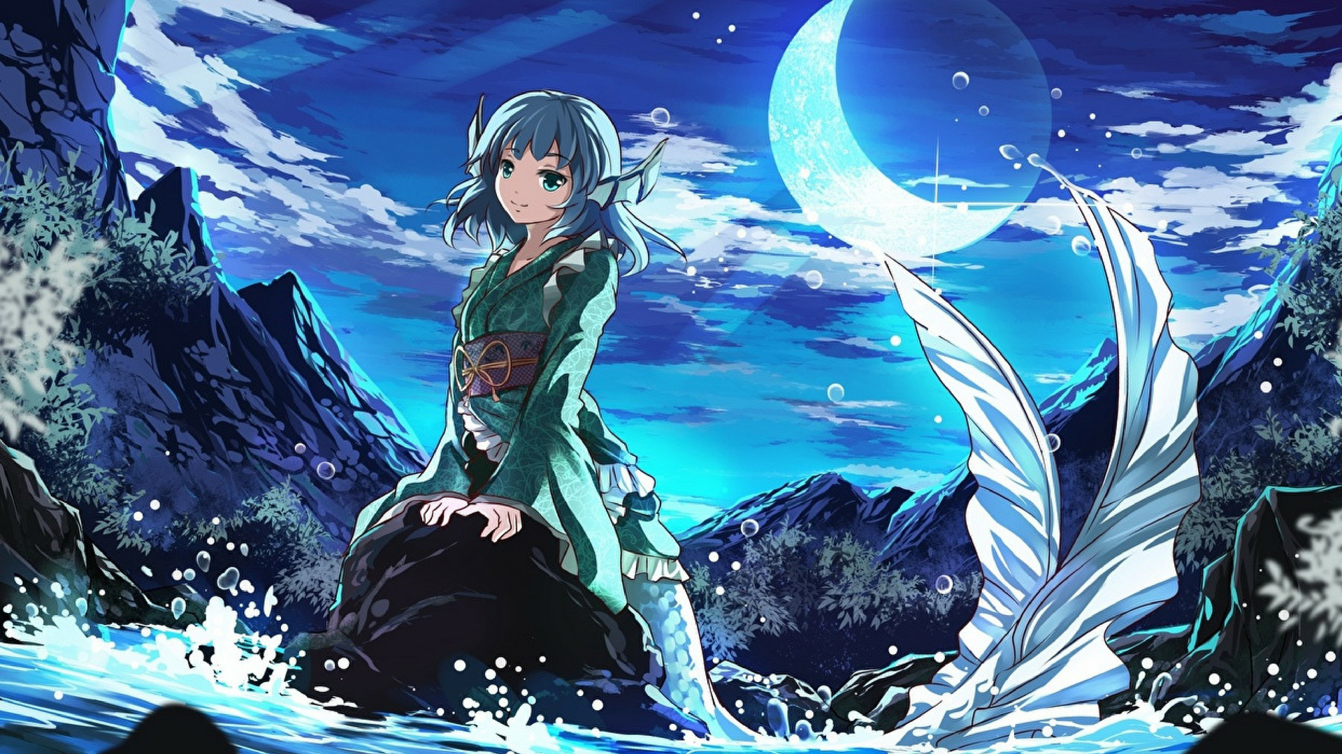 Anime 1920x1080 anime girls siren mermaids blue hair blue eyes kimono Moon
