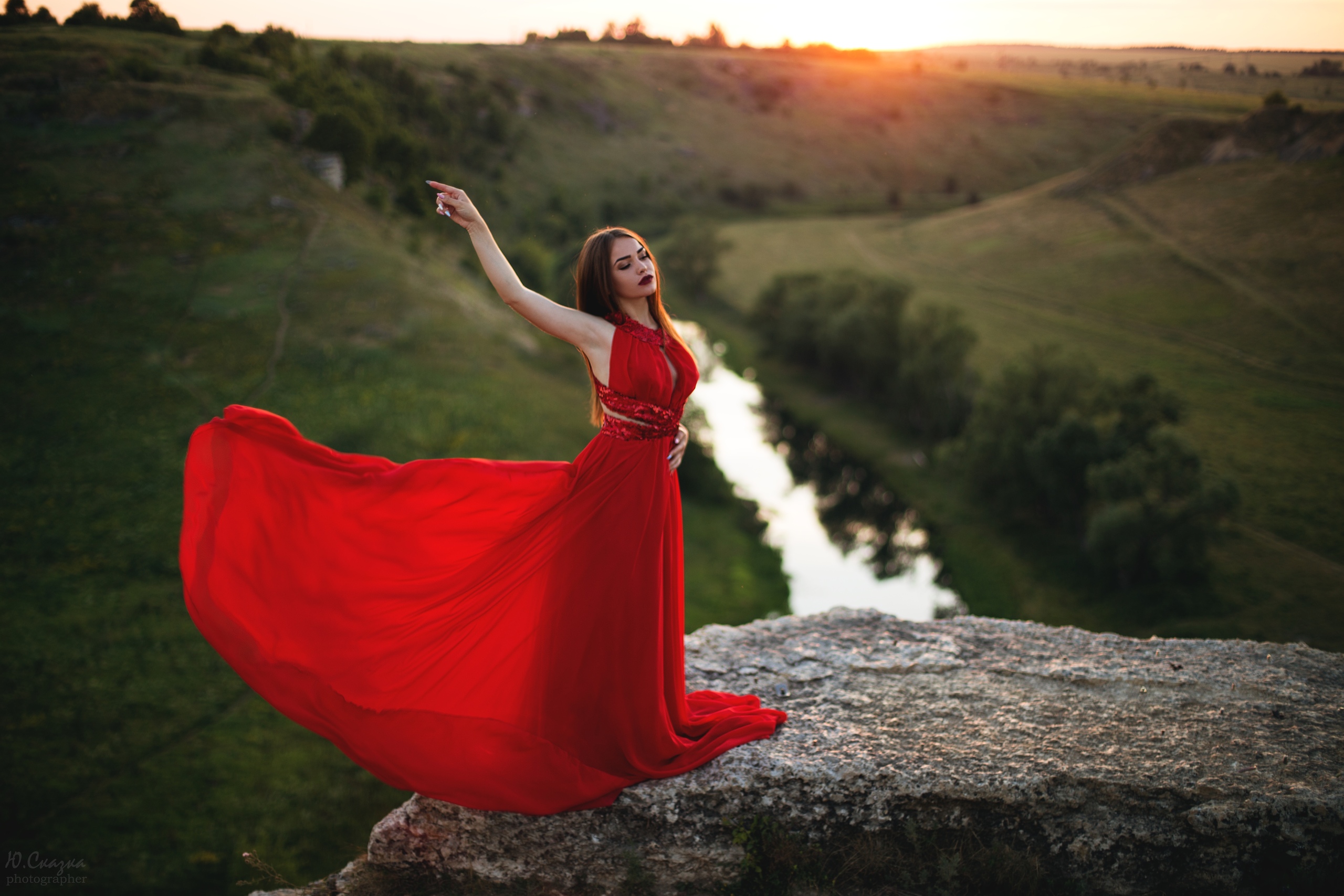 People 2560x1707 women model brunette red dress women outdoors depth of field sunset closed eyes Yulya Skazka