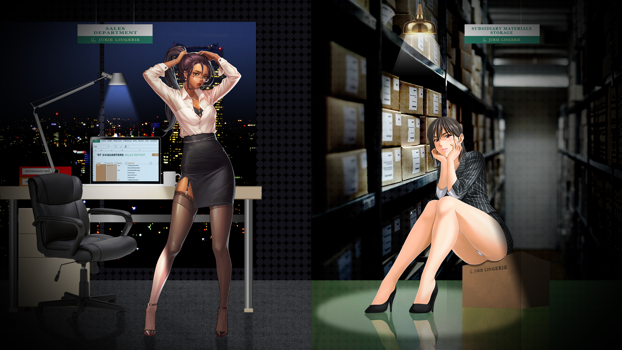 Anime 2560x1440 women stockings office girl tight Skirt cleavage upskirt high heels manga Microsoft Office