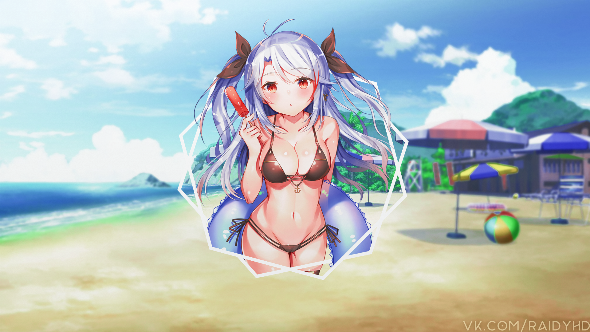 Anime 1920x1080 anime anime girls beach picture-in-picture big boobs beach ball parasol popsicle ice cream cleavage
