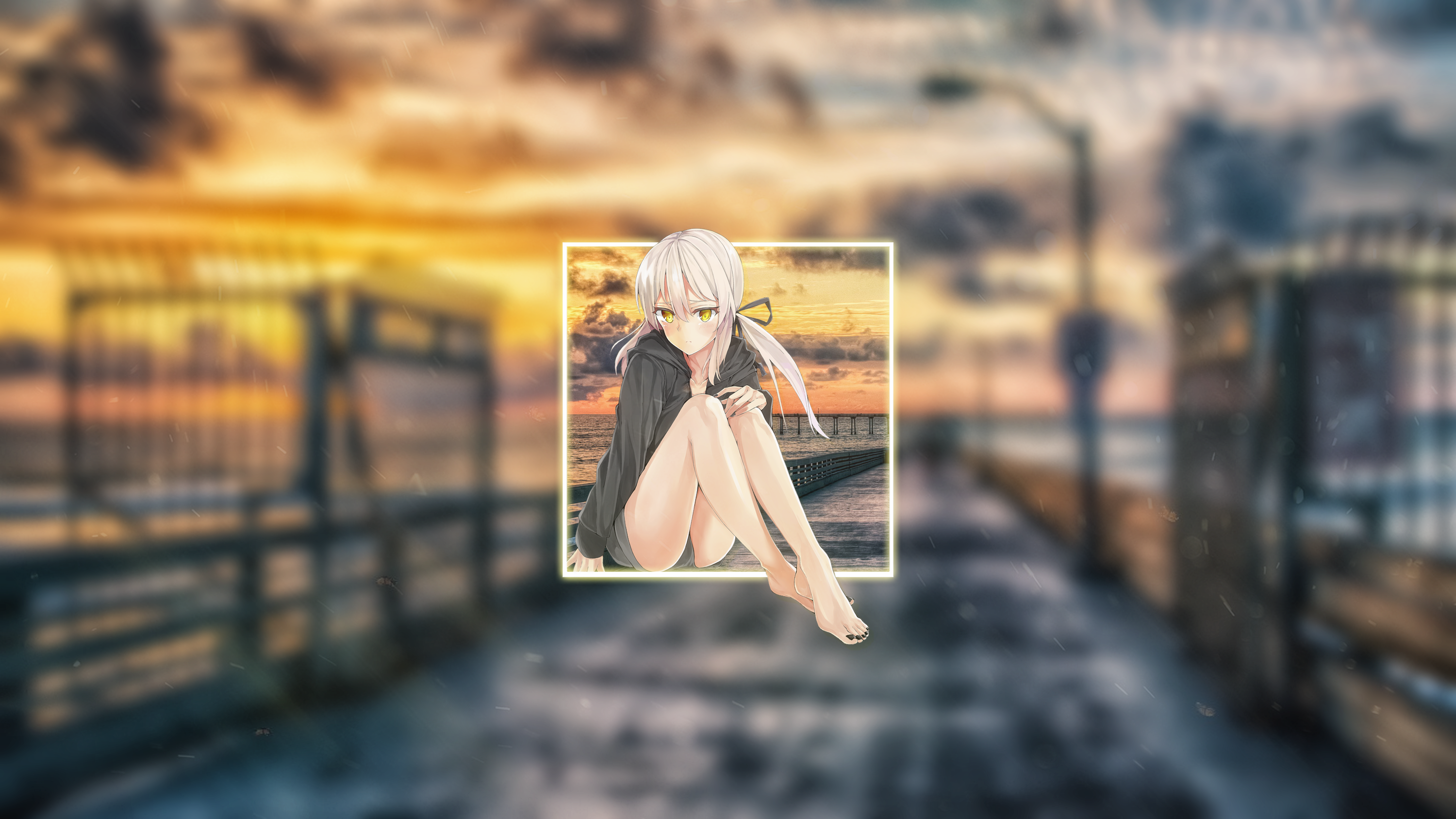 Anime 3000x1687 picture-in-picture anime anime girls silver hair yellow eyes legs shorts