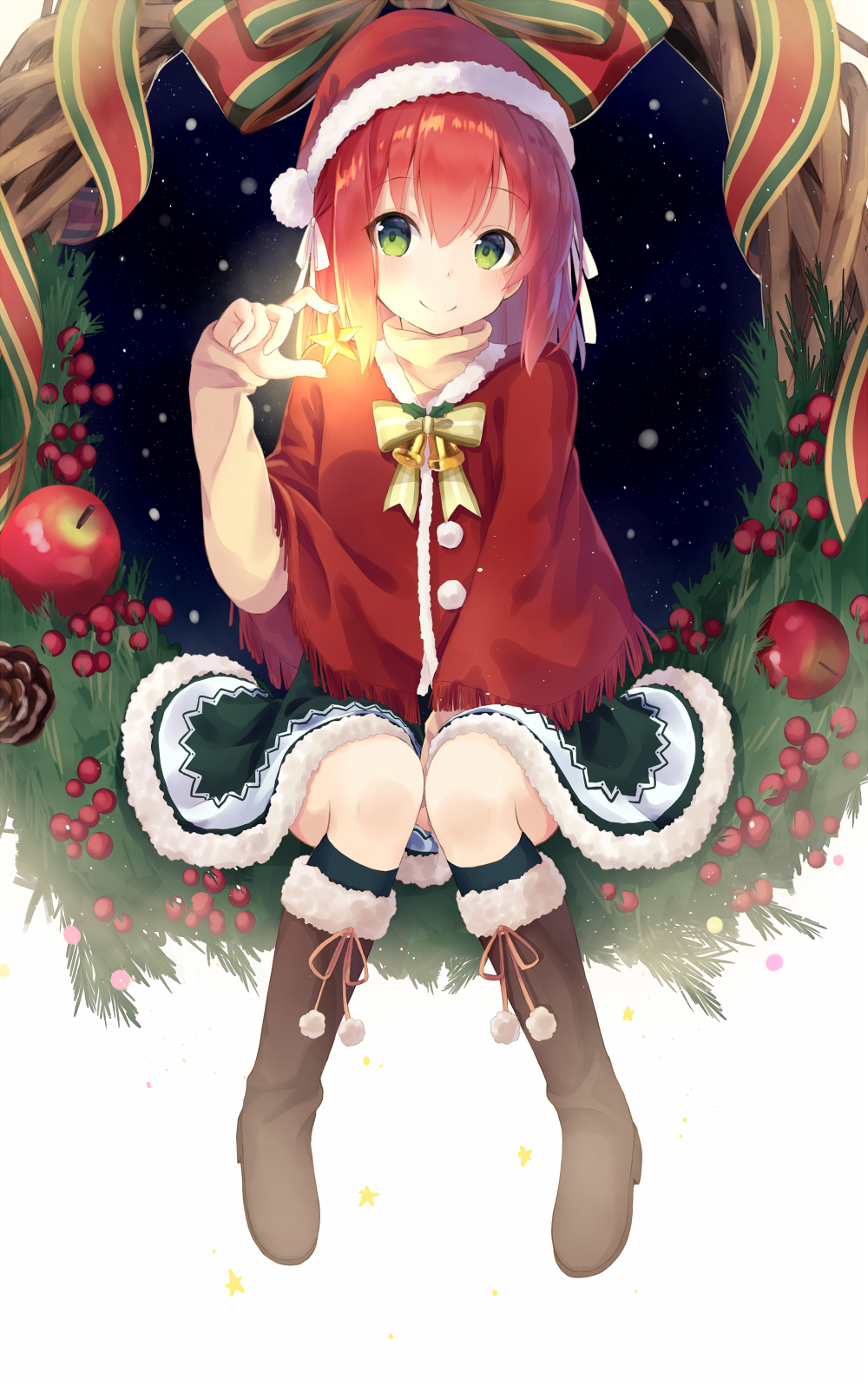 Anime 1000x1596 anime anime girls green hair Christmas redhead legs together Santa hats