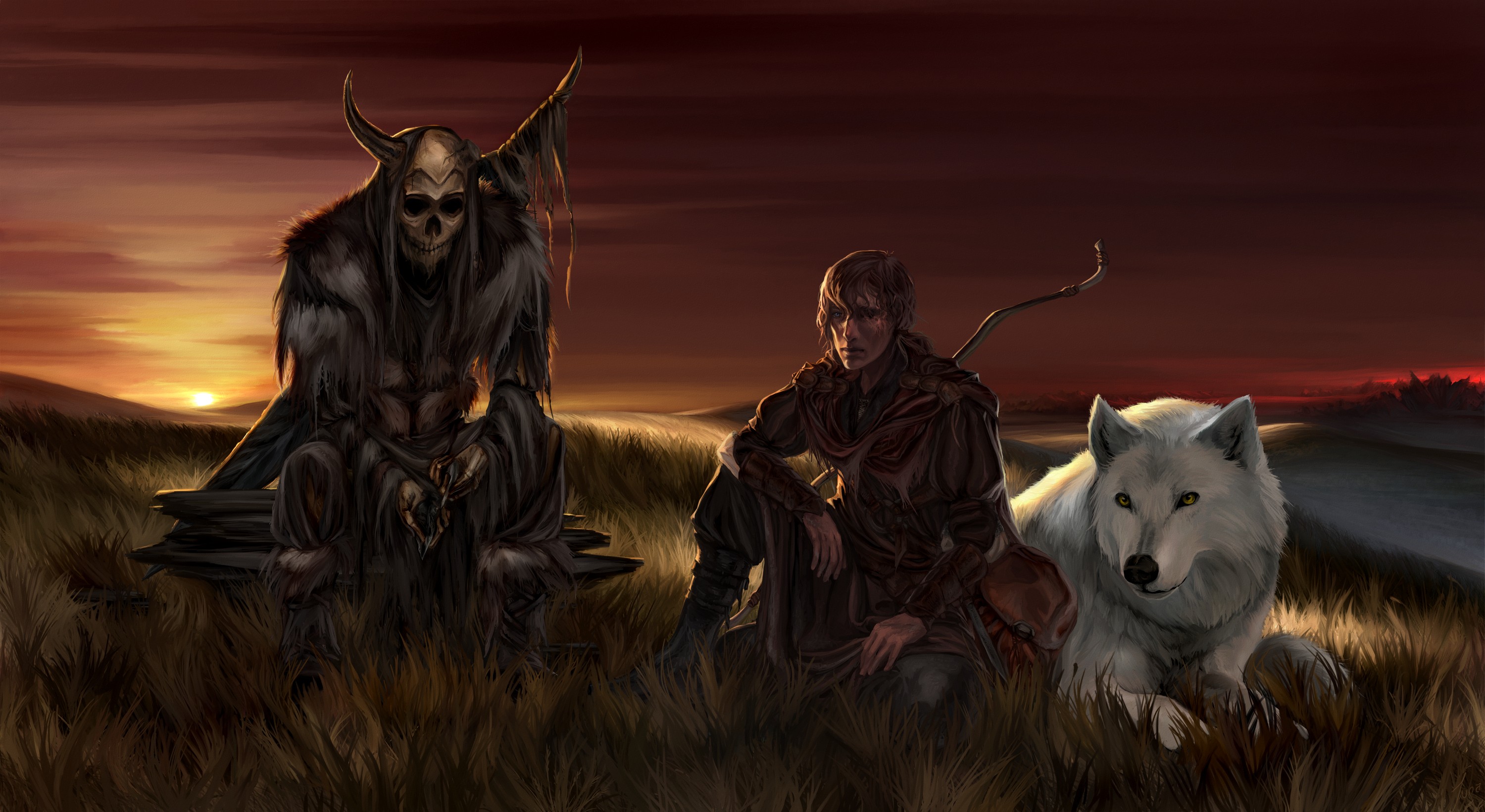 General 3000x1641 digital art fantasy art nature artwork fan art skull men wolf Grim Reaper sunset warrior bow horns