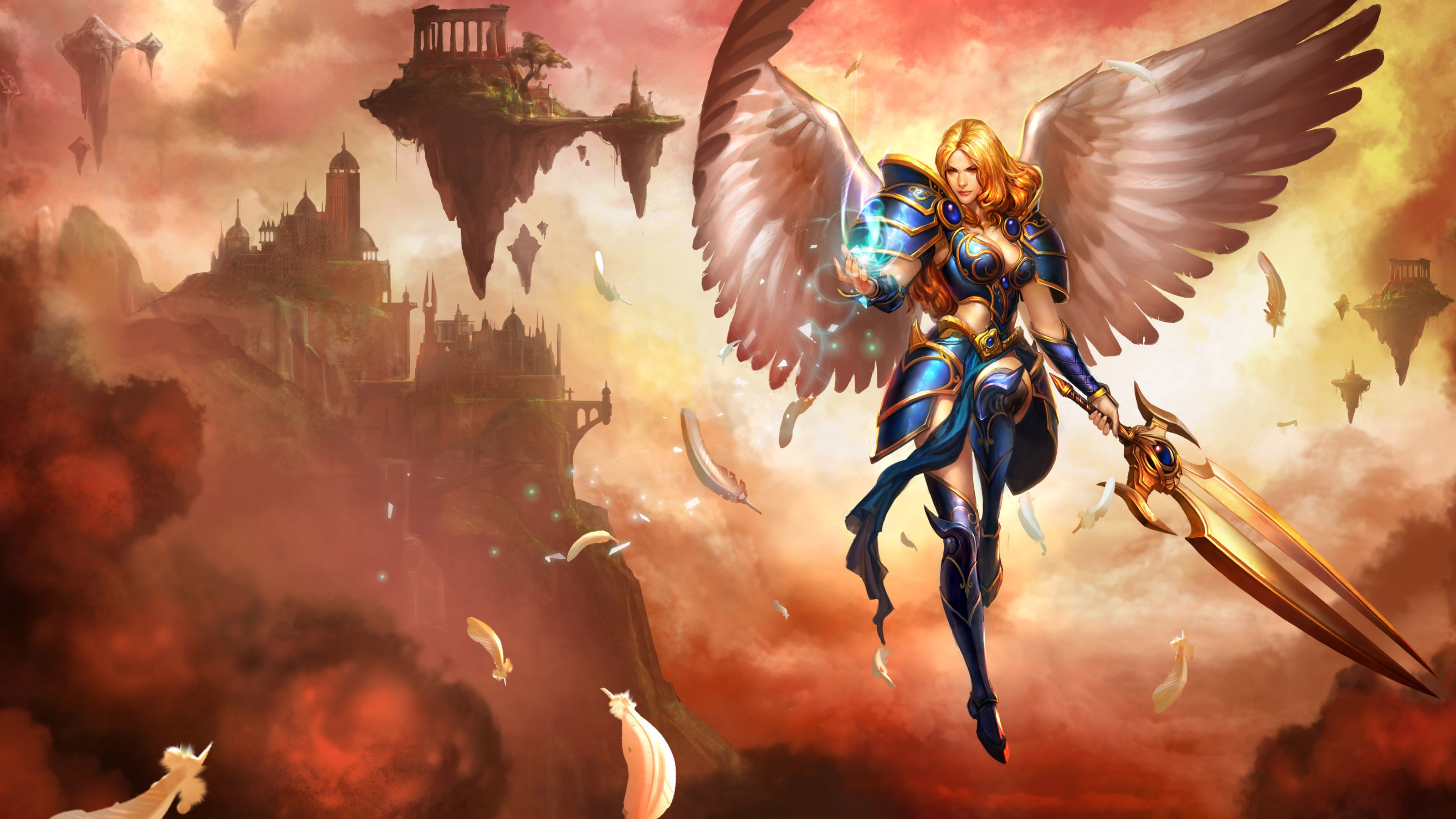 General 3840x2160 League of Legends Kayle (League of Legends) angel wings clouds feathers armor Riot Games video games video game characters