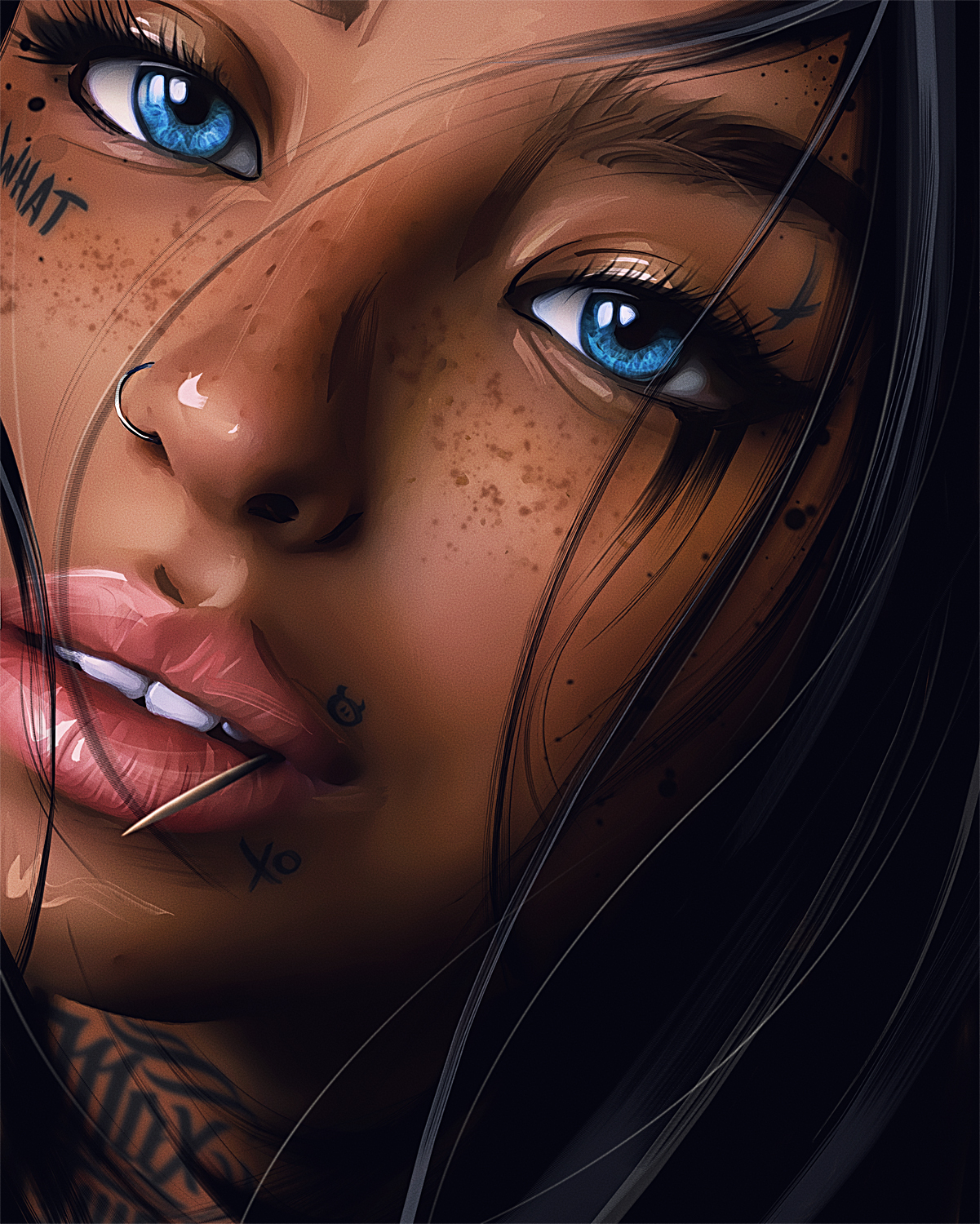 General 1201x1500 women artwork digital art painting inked girls tattoo face nose ring Max Twain black hair