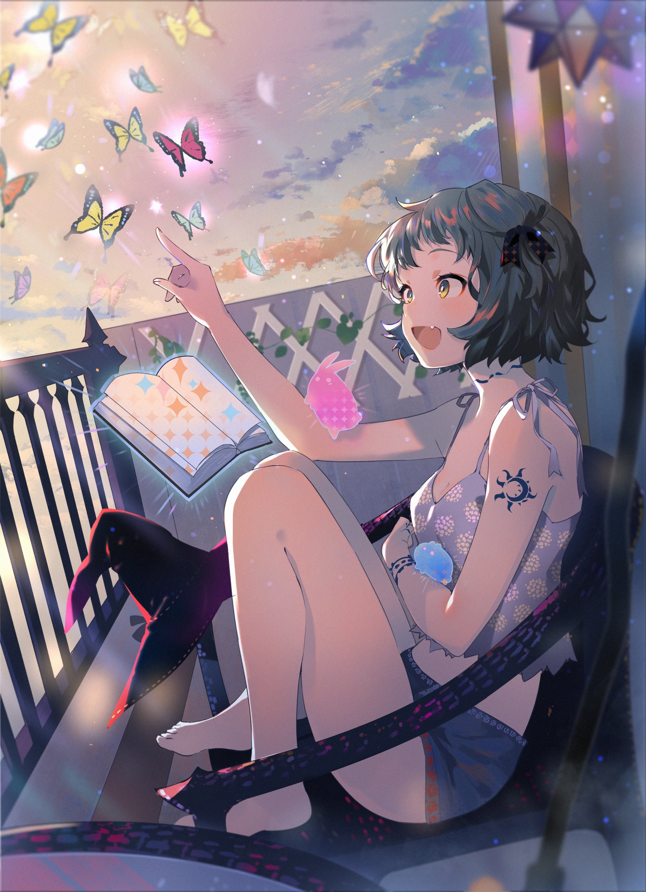 Anime 2246x3100 anime girls anime butterfly open mouth dark hair sitting magic barefoot Arutera