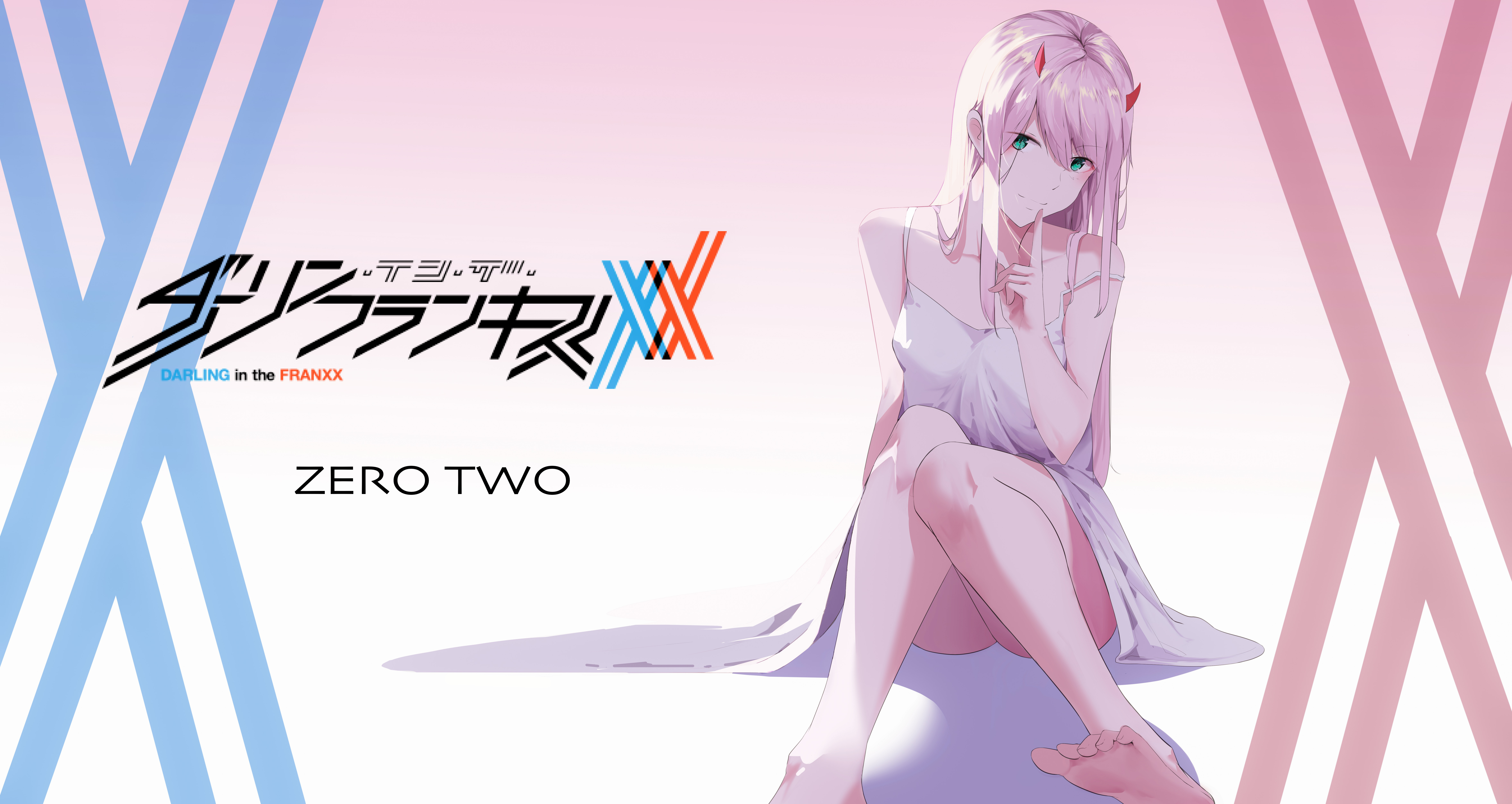 Anime 9427x5016 Darling in the FranXX anime girls pink hair Zero Two (Darling in the FranXX) pyjamas white dress thighs the gap ass small boobs bare shoulders 2D horns smiling blushing bangs long hair cleavage ecchi aqua eyes looking at viewer arched back fan art anime finger on lips
