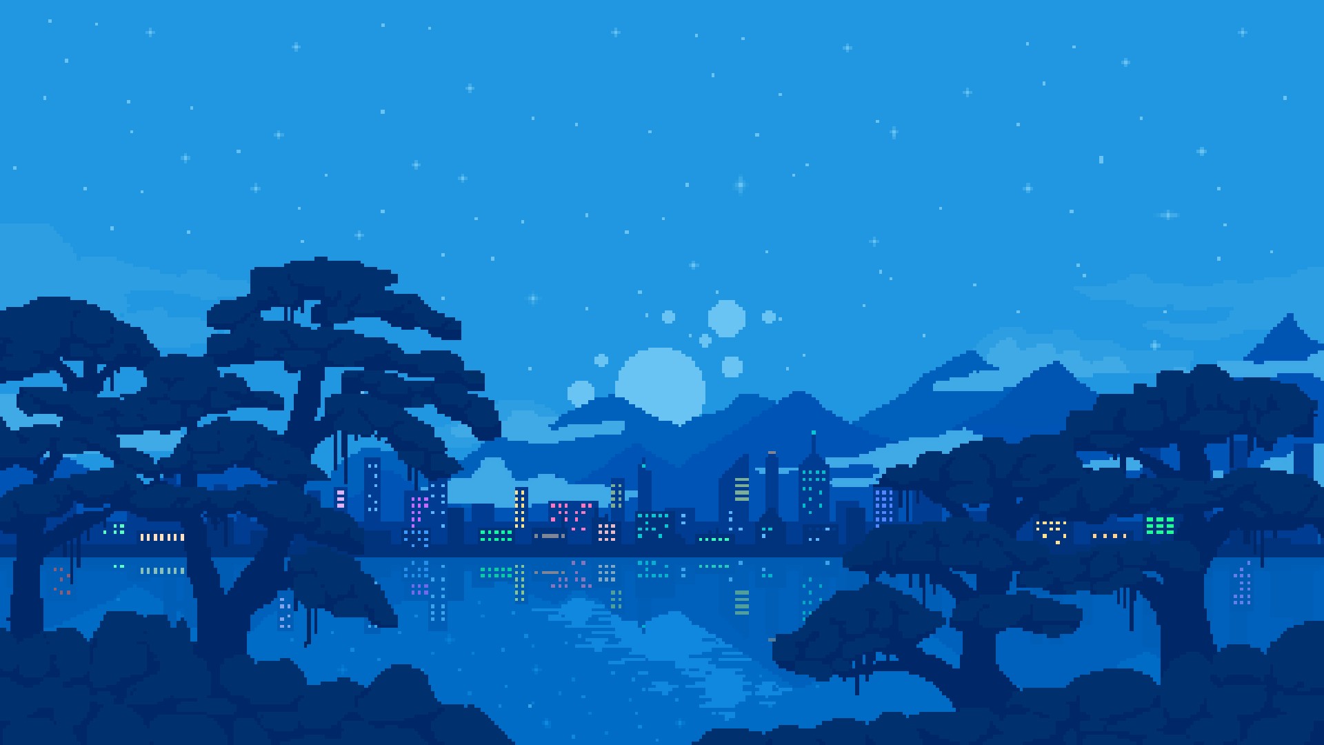 General 1920x1080 pixel art pixelated nature landscape pixels digital art trees cityscape night stars water blue background reflection blue