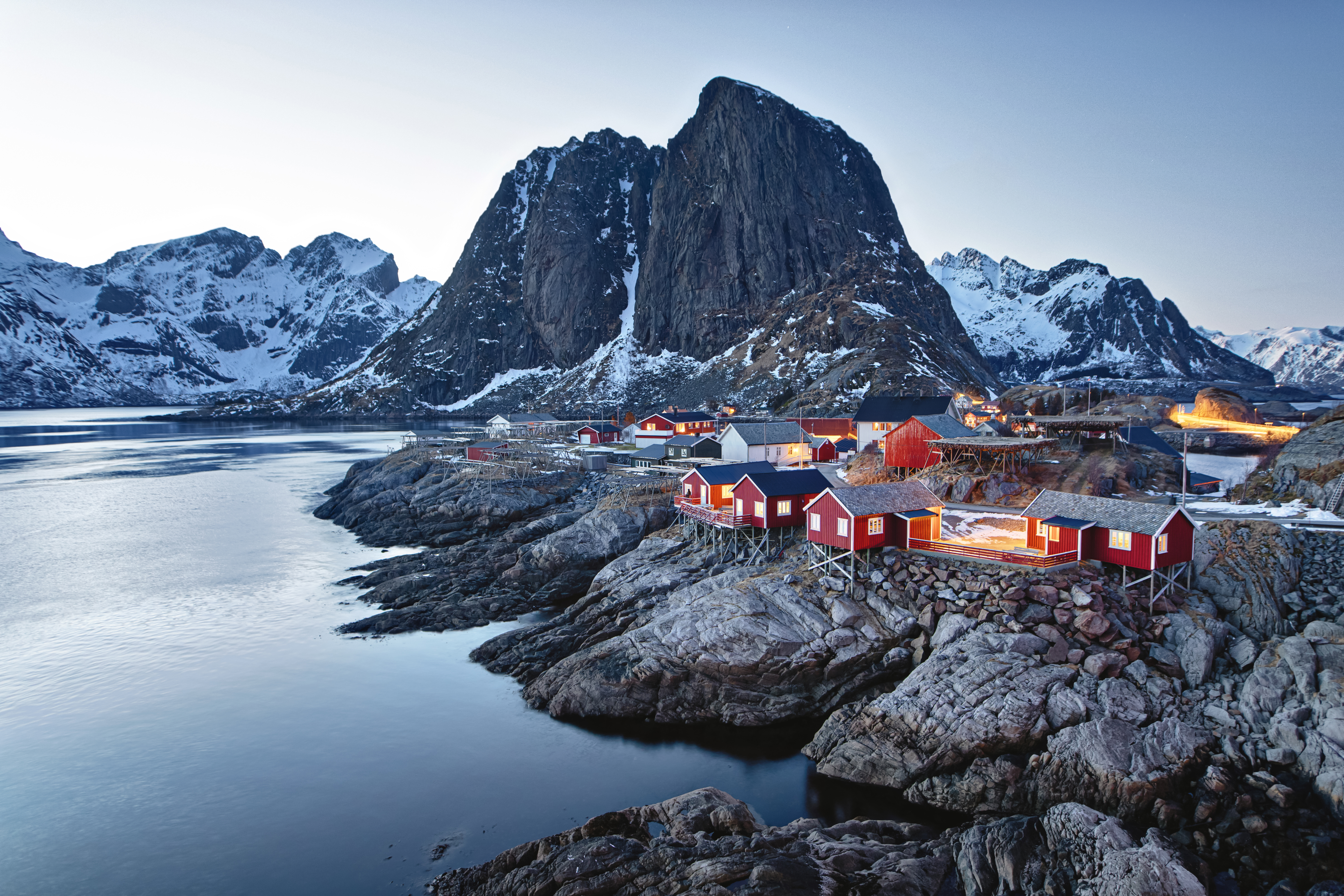 General 5941x3961 Norway Lofoten nature landscape Europe mountains hills cold outdoors Reine cabin red snow