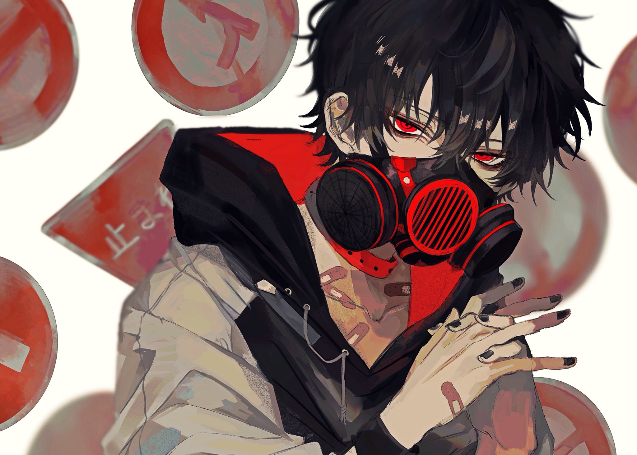 Anime 2048x1464 road sign gas masks hoods bandages red eyes black hair black nails collar men anime