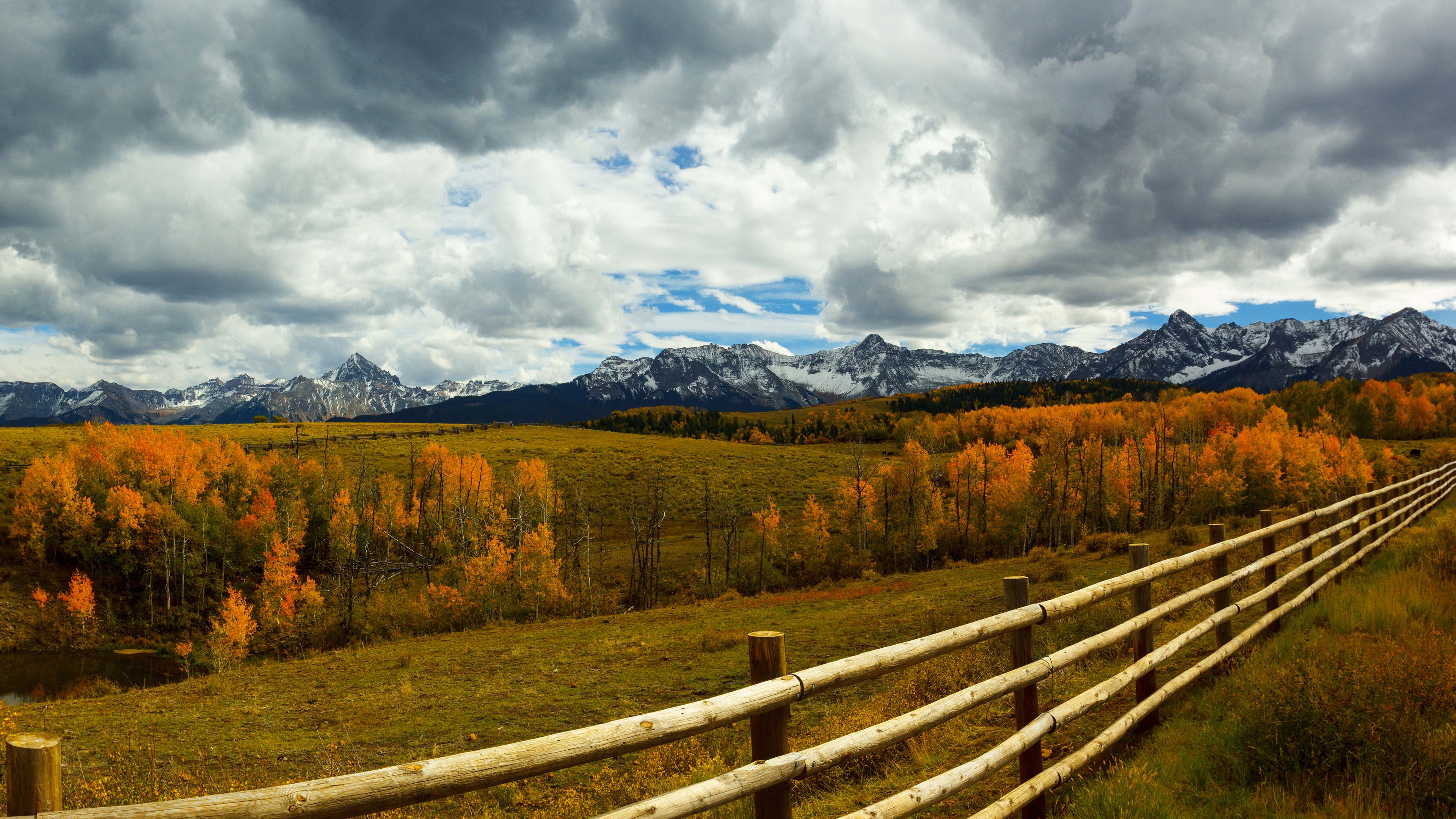 General 3840x2160 fence landscape sky clouds fall mountains nature