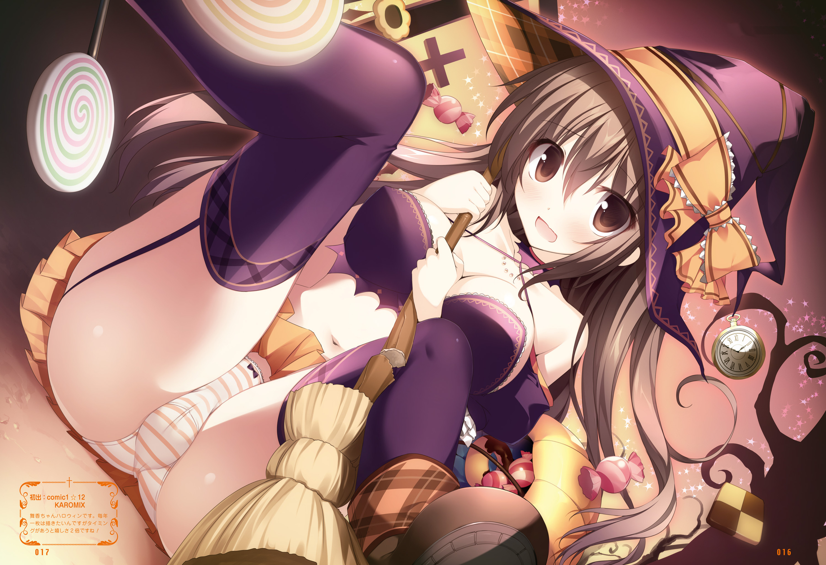 Anime 2808x1920 Halloween witch hat hat witch cleavage cameltoe panties striped panties stockings thigh-highs