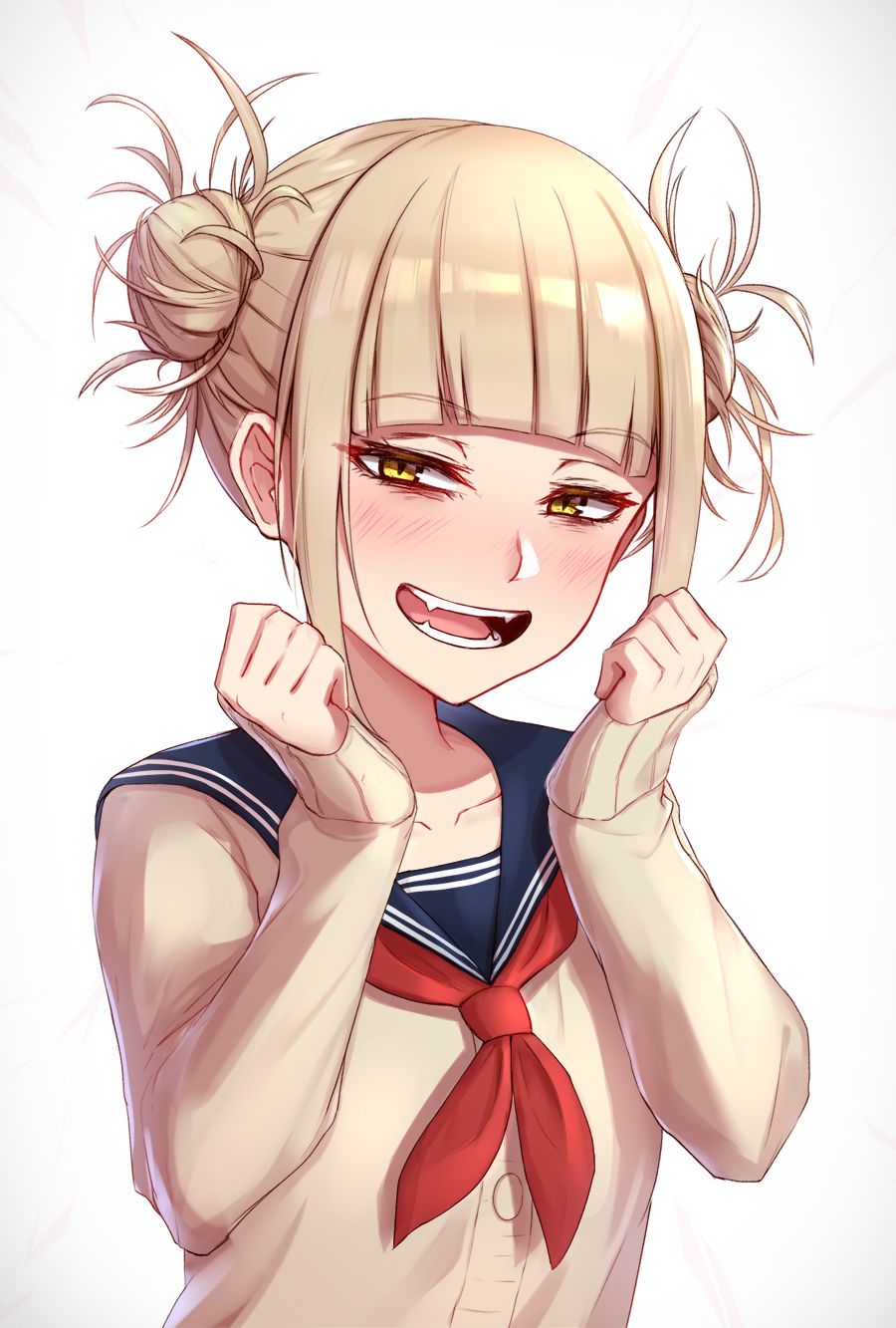 Anime 900x1333 Boku no Hero Academia anime girls messy hair odango blunt bangs open mouth small boobs school uniform JK 2D looking at viewer Himiko Toga long hair embarrassed yandere simple background anime fangs yellow eyes fan art portrait display blonde
