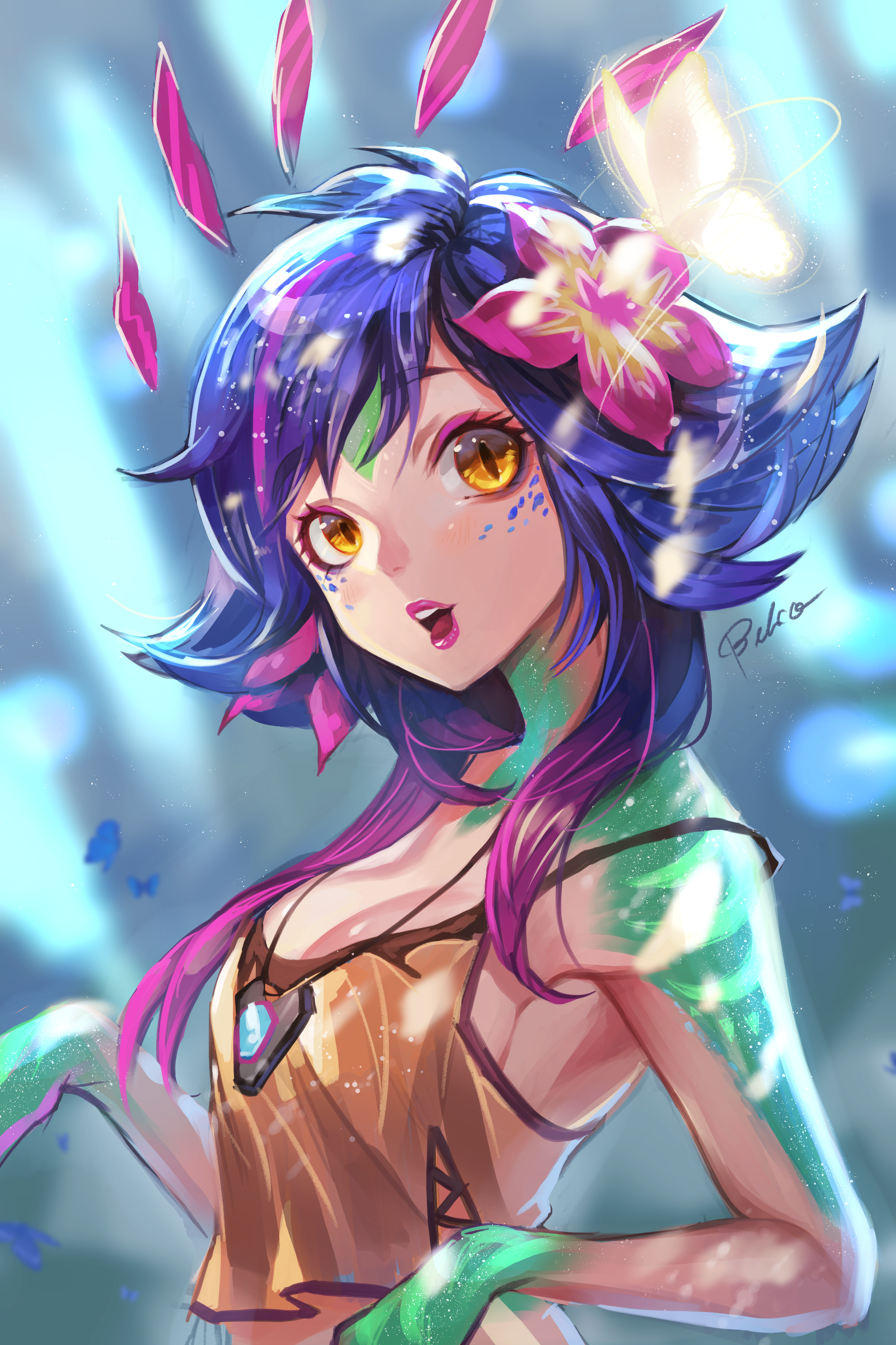 Anime 2000x3000 anime girls blue hair yellow eyes flower in hair Neeko (League of Legends) anime League of Legends portrait display signature video games Shippitsu looking at viewer cleavage off shoulder open mouth