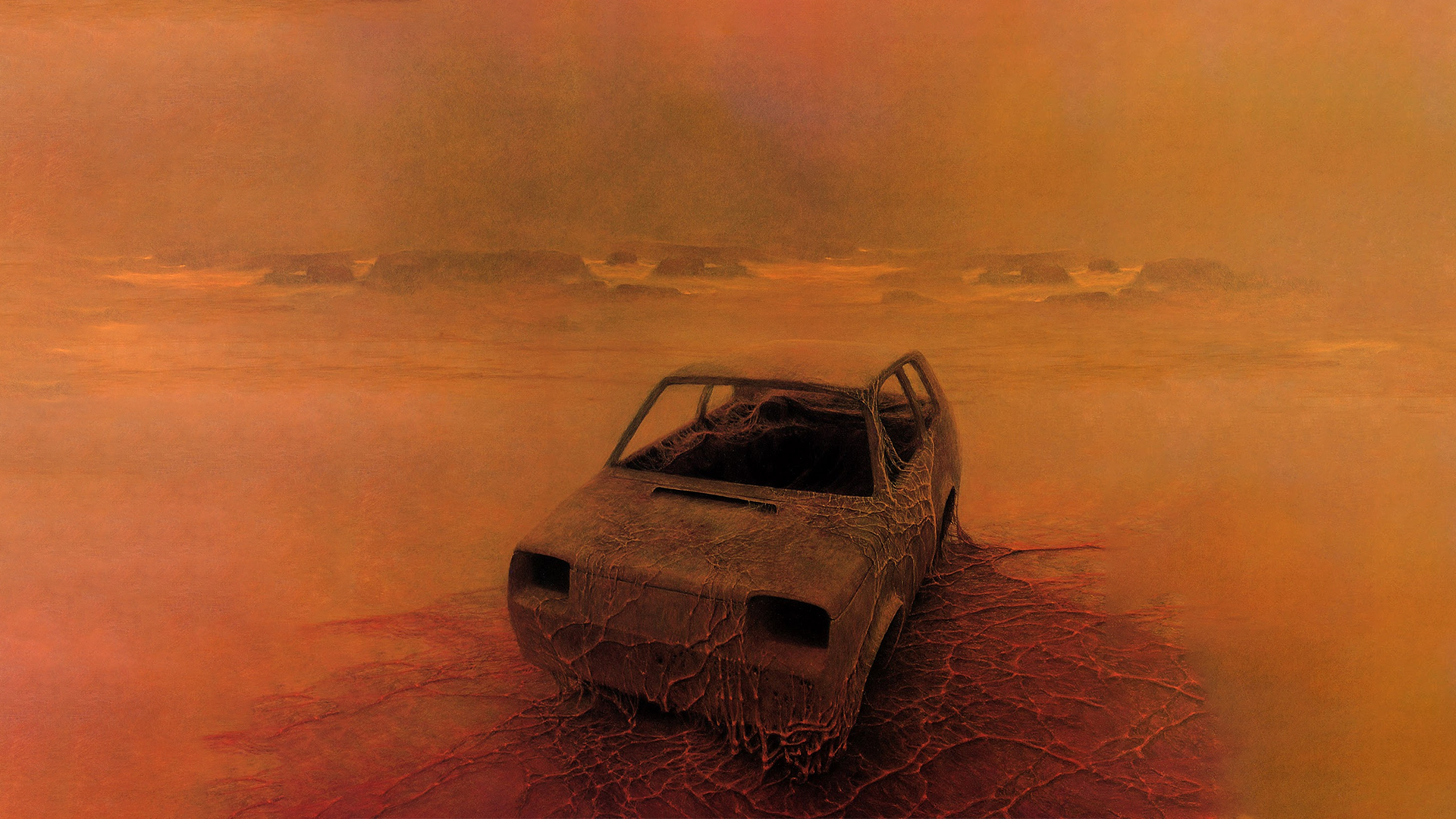 General 1920x1080 Zdzisław Beksiński fantastic realism creepy surreal artwork car wreck vehicle FIAT 126 horror dreamscape painting desolation
